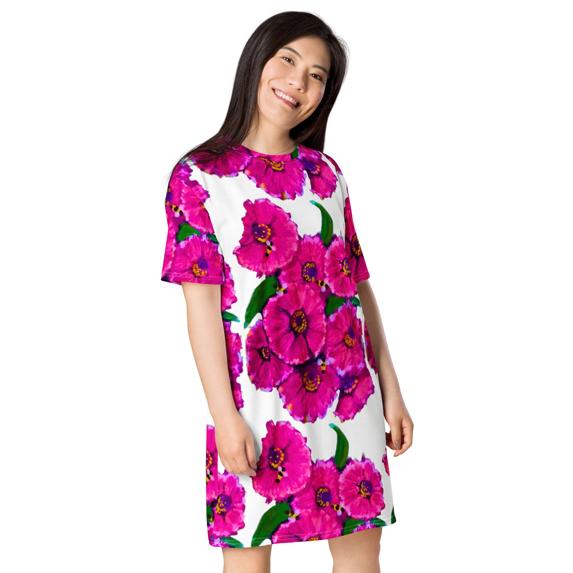 Bright Pink Floral T-shirt Dress, Plus Size Flower Print Outfit, Trending Secretary Dress, Colorful Floral Nightgown