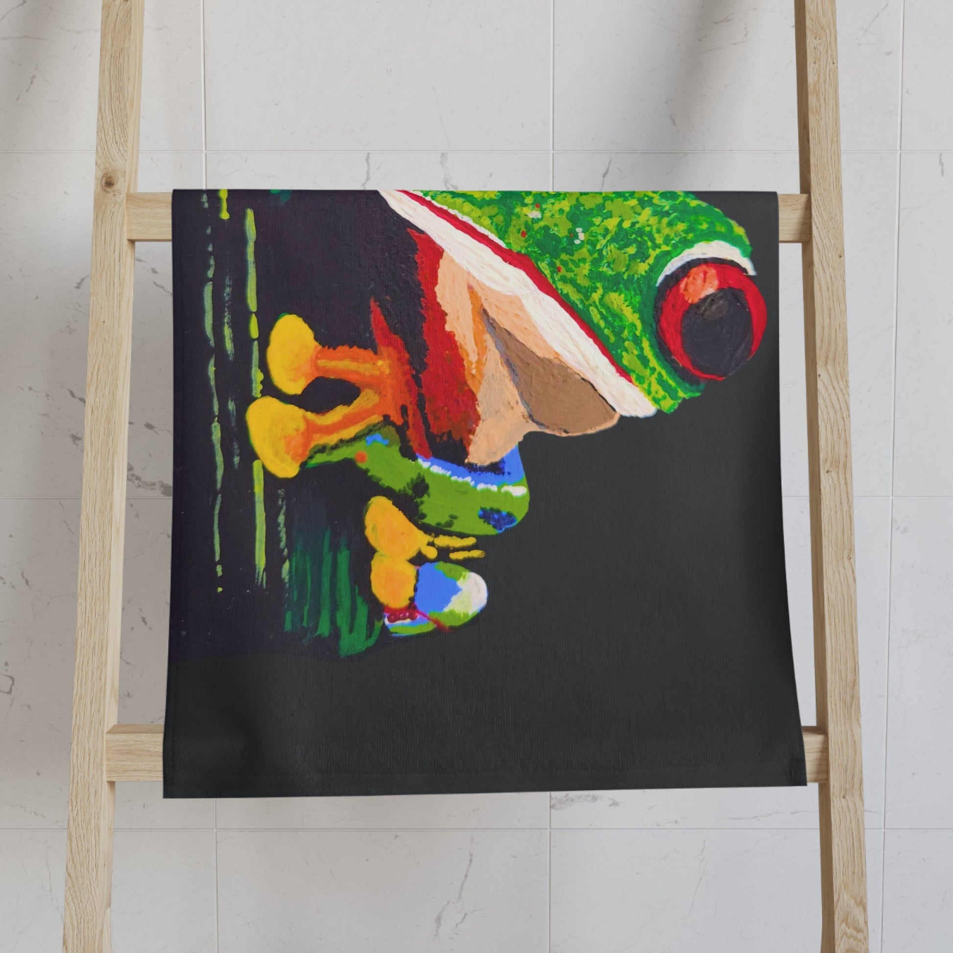Tree Frog Hand Towel, Nature Inspired Modern Art Hand Towel, Colorful Black Green Bathroom Decor