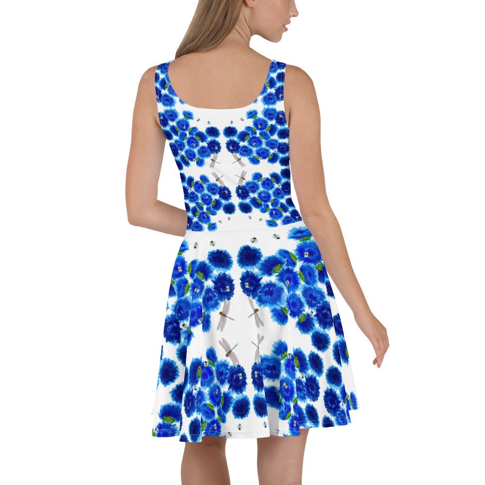 Blue Bachelors Buttons Floral Skater Dress, Trending Casual Spring Sundress, Colorful Plus Size Dress, Flower Print Secretary Outfit
