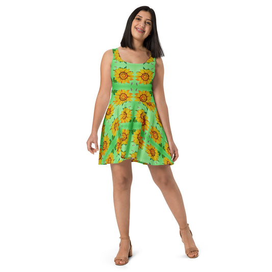 Casual Spring Sunflower Sundress, Trending Plus Size Skater Dress, Colorful Floral Secretary Outfit