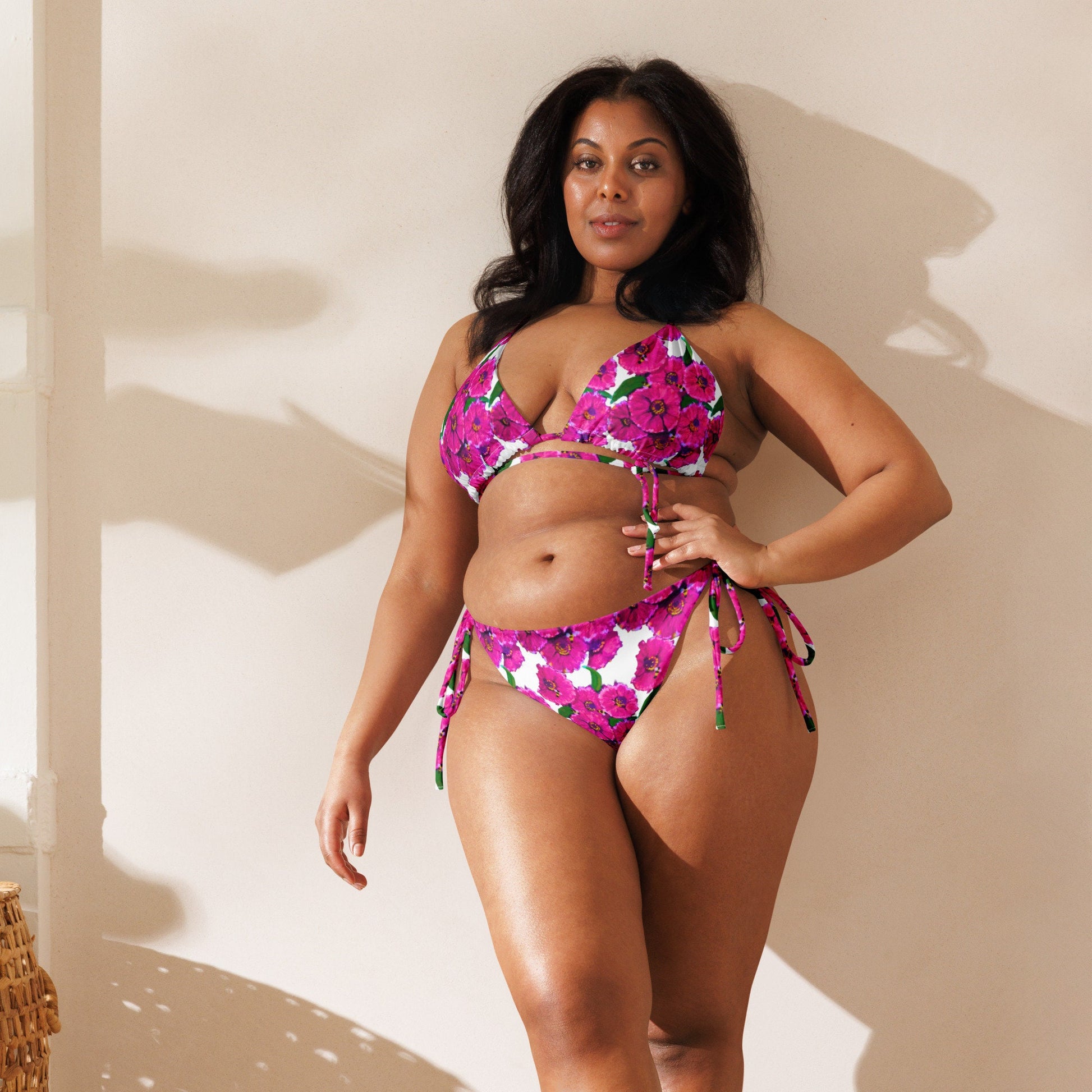 Pink Floral String Bikini, Colorful Trendy Bathing Suit, Botanical Plus Size Beach Swim Wear