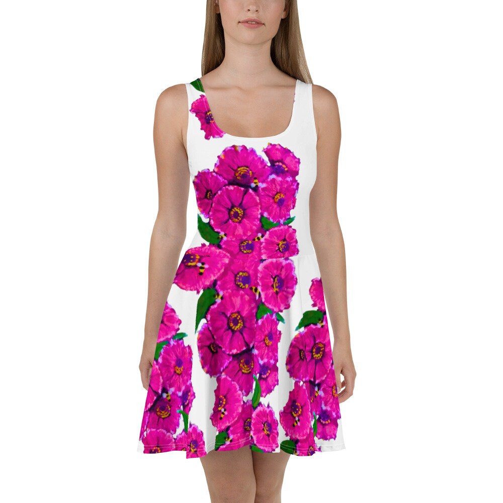 Bright Pink Floral Sleeveless Sundress, Spring Secretary Casual Outfit, Colorful Botanical Skater Dress