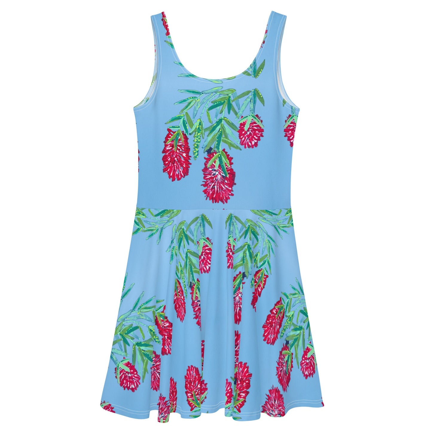 Red Weeping Bottle Brush Skater Dress, Sleeveless Casual Secretary Outfit, Trending Plus Size Sundress