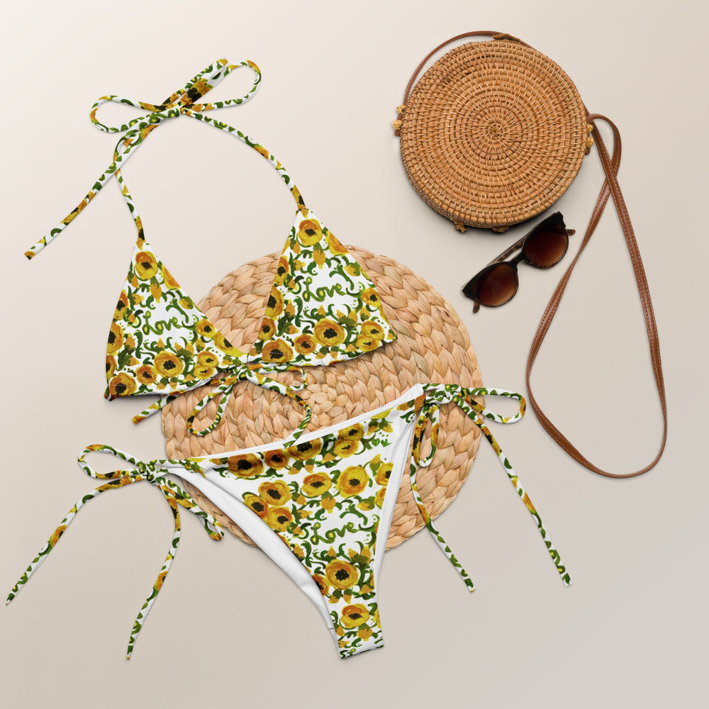 Yellow Floral Love One-Piece Swimsuit, Botanical Plus Size Swim Wear, Beach Festival String Bikini