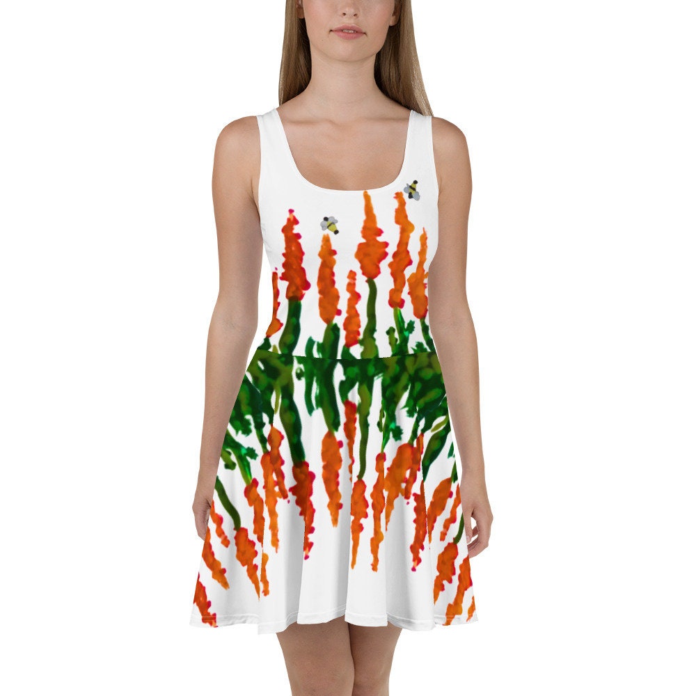 Orange Flower Sleeveless Skater Dress, Plus Size Spring Outfit, Casual Colorful Sundress