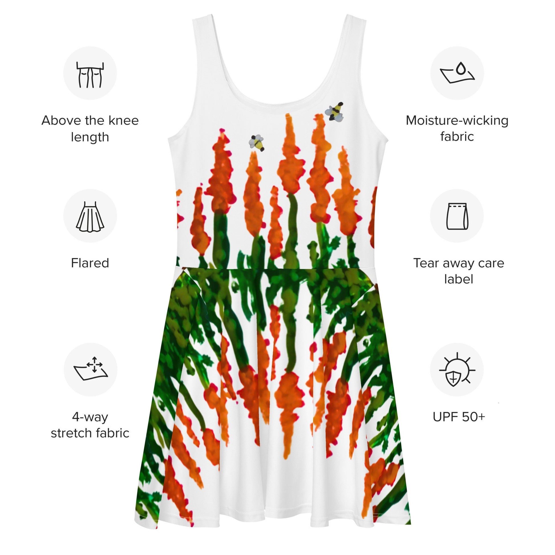 Orange Flower Sleeveless Skater Dress, Plus Size Spring Outfit, Casual Colorful Sundress