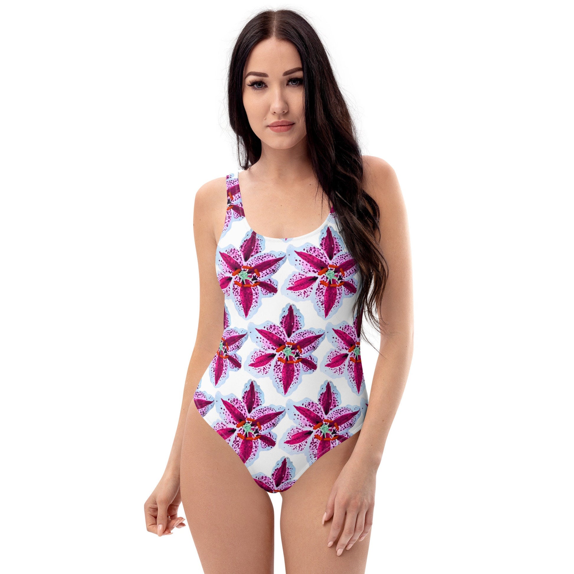 Tiger Lily Floral Pattern One-Piece Bathing Suit, Sexy Plus Size Beach Swimsuit, Festival Bodysuit