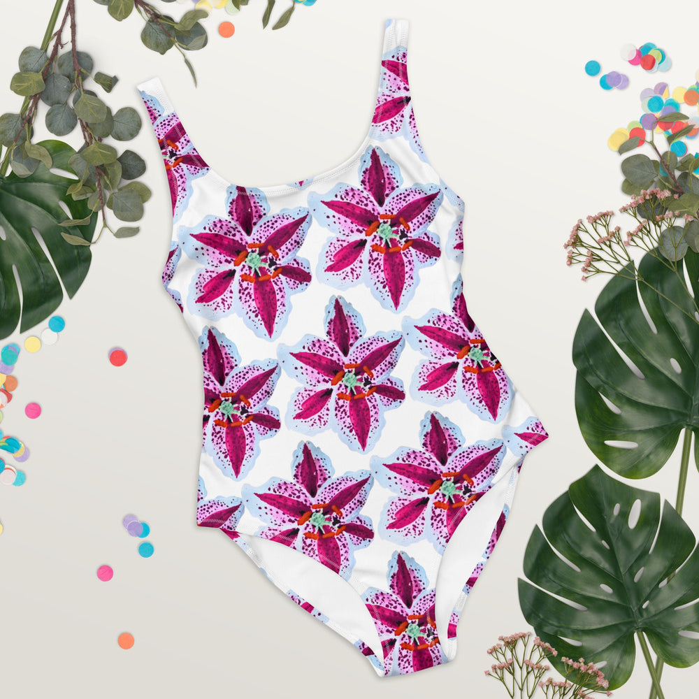 Tiger Lily Floral Pattern One-Piece Bathing Suit, Sexy Plus Size Beach Swimsuit, Festival Bodysuit