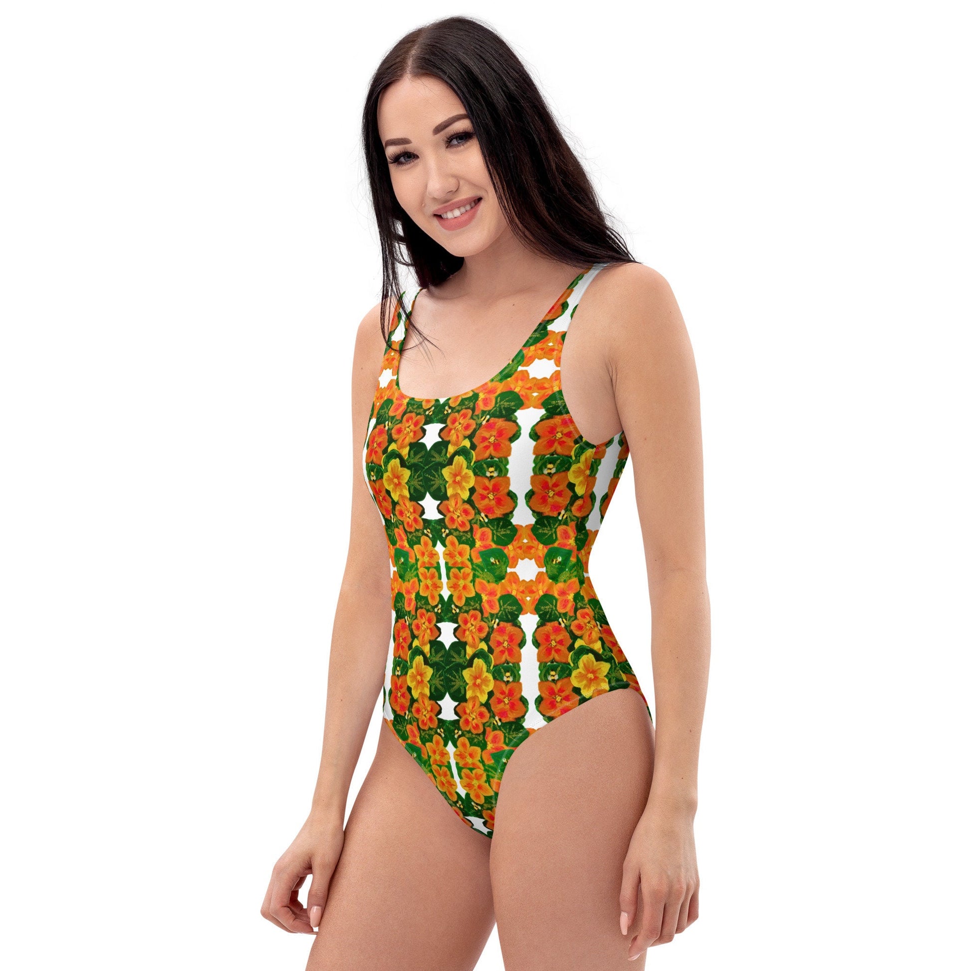 Sexy Orange Floral Pattern One-Piece Swimsuit, Plus Size Botanical Beach Swim Wear, Festival Bodysuit