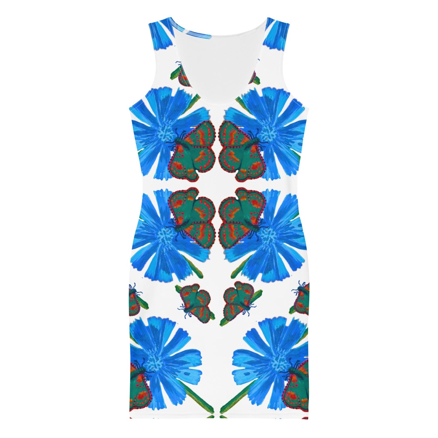 Sleeveless Floral Butterfly Bodycon Dress, Casual Spring Secretary Outfit, Colorful Tight Club Dress