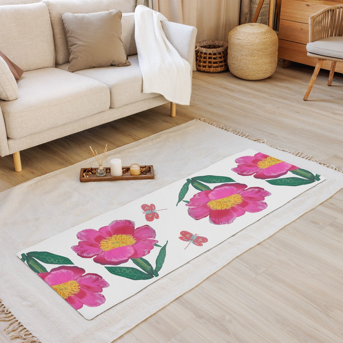 Pink Flower with Dragonflies Yoga Mat, Botanical Pilates Accessories, Home Gym Equipment, Prayer Mat