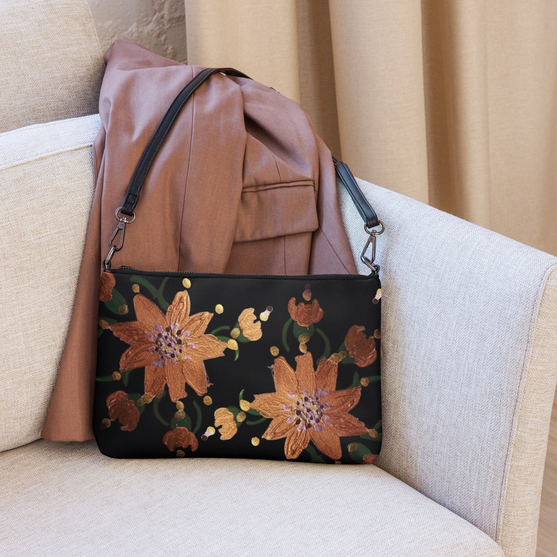 Gold Floral Nightclub Purse, Small Trendy Crossbody Bag, Nature Inspired Sling Handbag