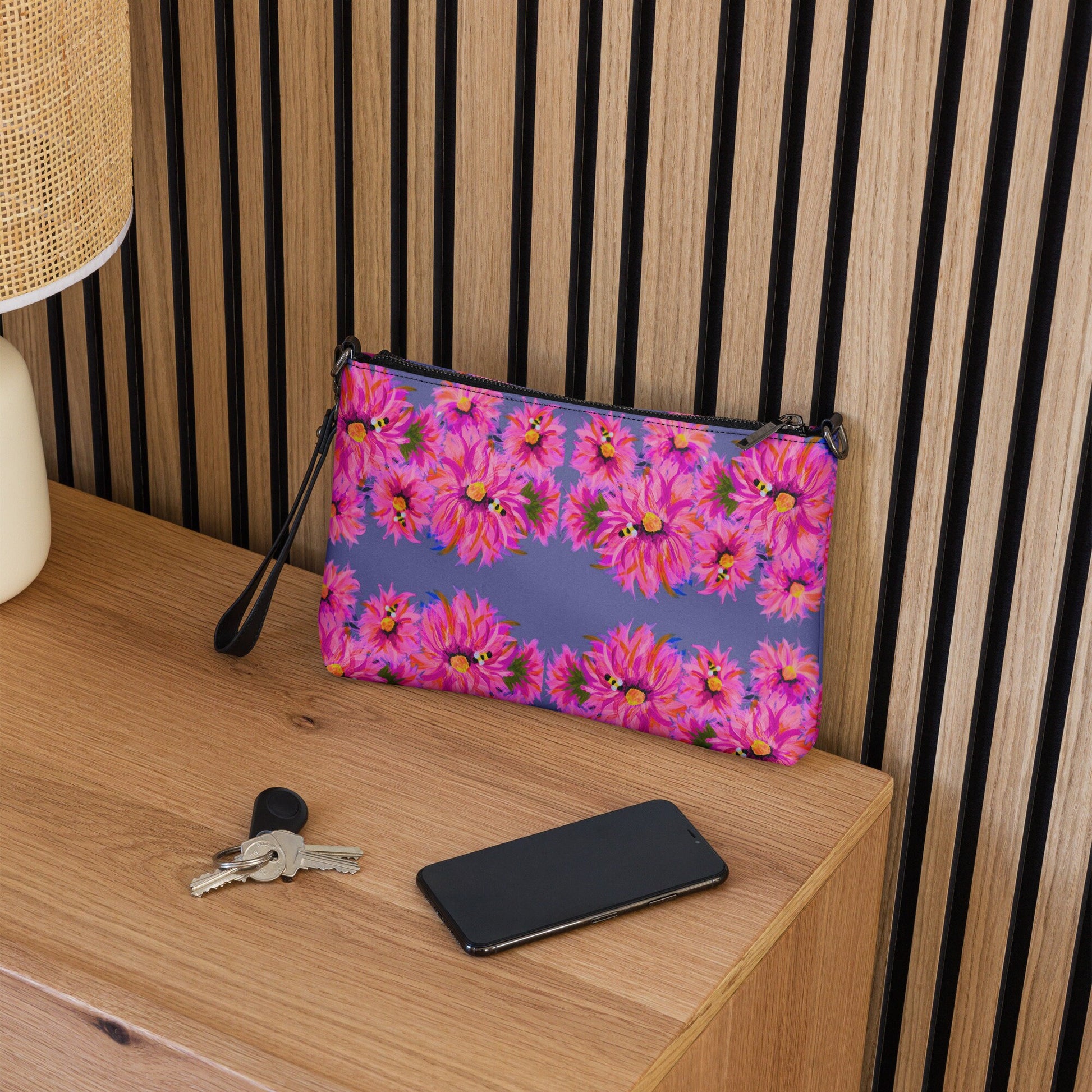 Fluffy Pink on Grey Crossbody Bag, Nature Inspired Trendy Satchel Bag, Small Adjustuble Strap Purse with Pockets
