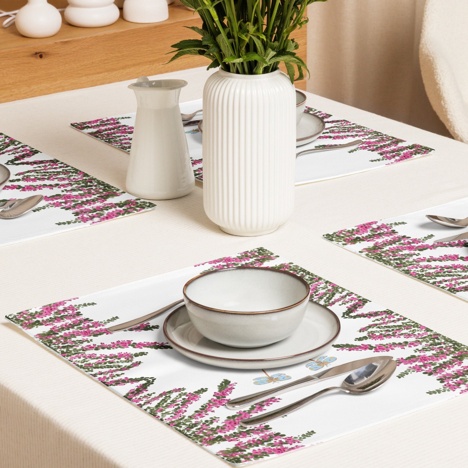 Heather Flower Placemat Set of 4, Water Resistant Floral Placemats for Weddings, Family Dinners or Spring Get Togethers