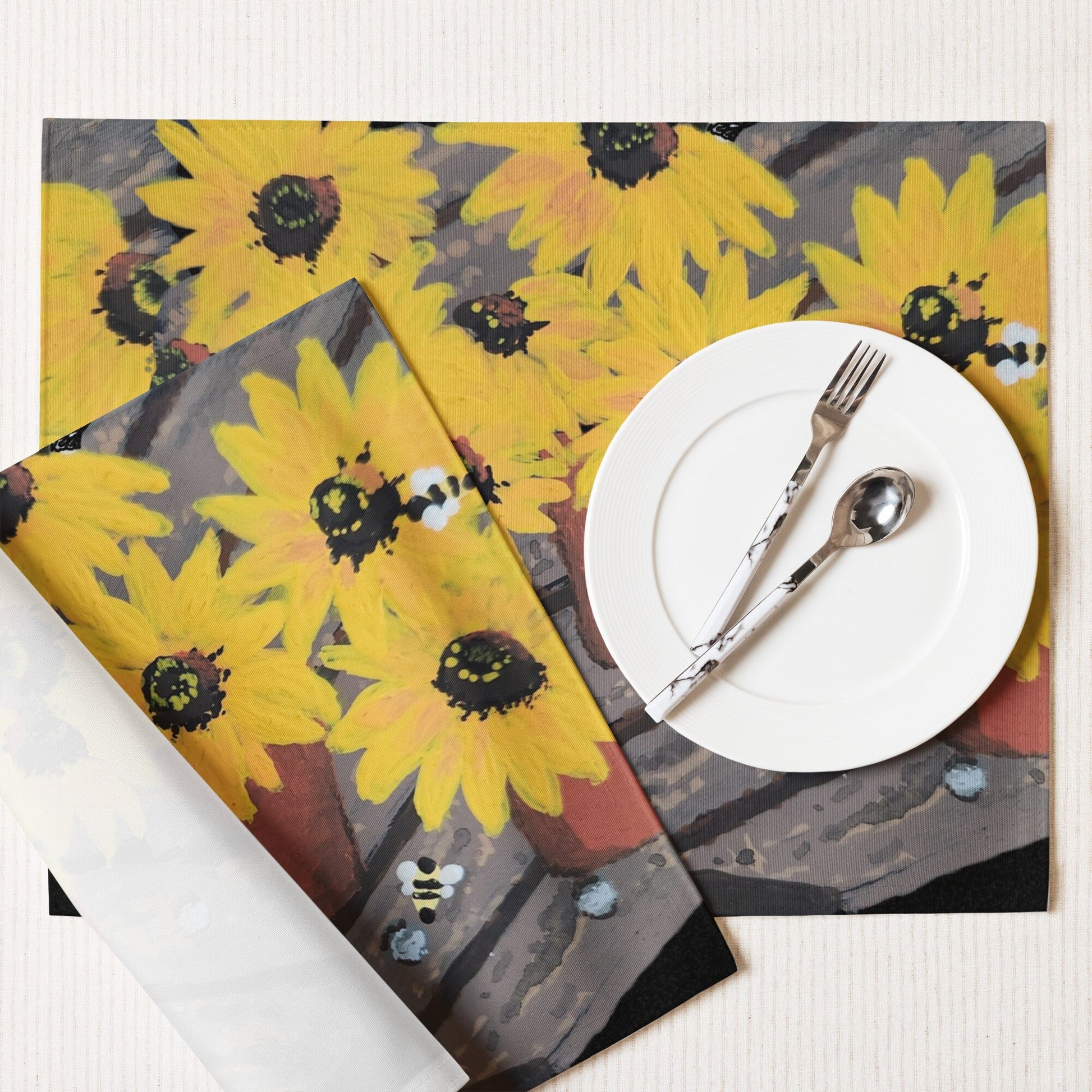 Black Eyed Susan Floral Placemat Set of 4, Modern Dinner Placemats, Water Resistant Activity Placemats, Fun Coloring Placemats