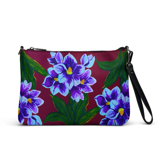 Blue Floral Crossbody Bag with Pockets, Nature Inspired Ziptop Sling Bag, Small Clutch Purse
