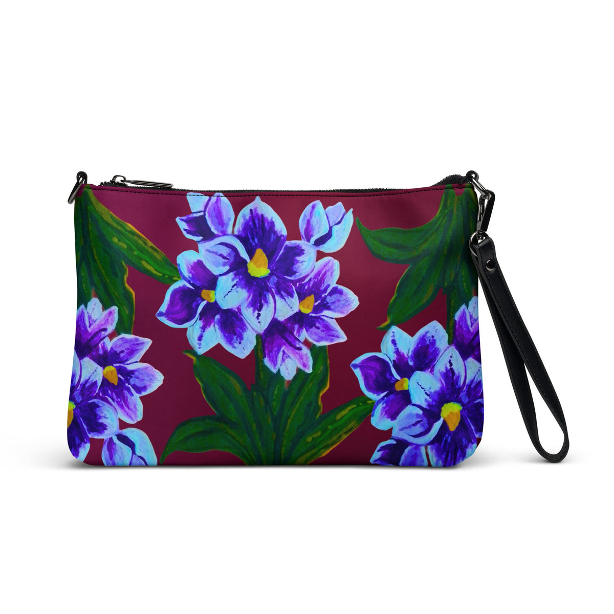 Blue Floral Crossbody Bag with Pockets, Nature Inspired Ziptop Sling Bag, Small Clutch Purse