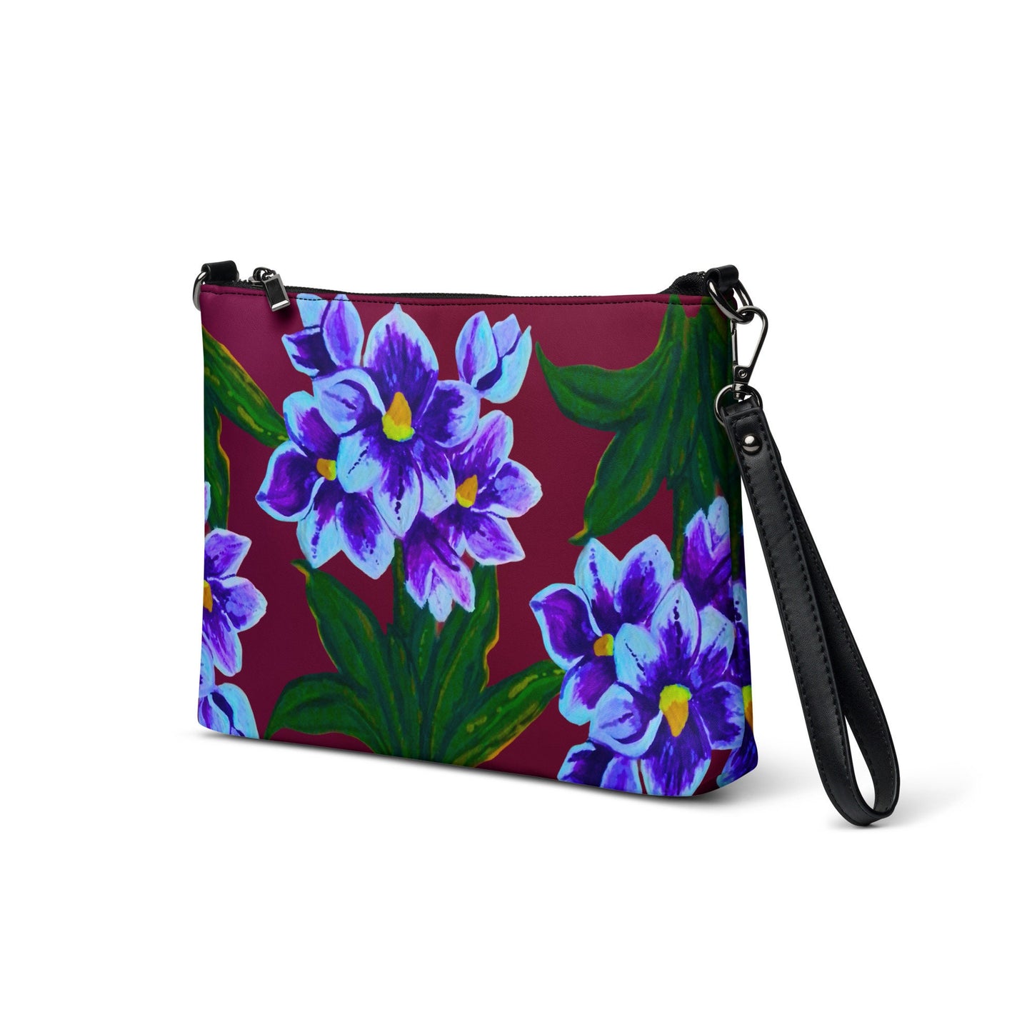 Blue Floral Crossbody Bag with Pockets, Nature Inspired Ziptop Sling Bag, Small Clutch Purse
