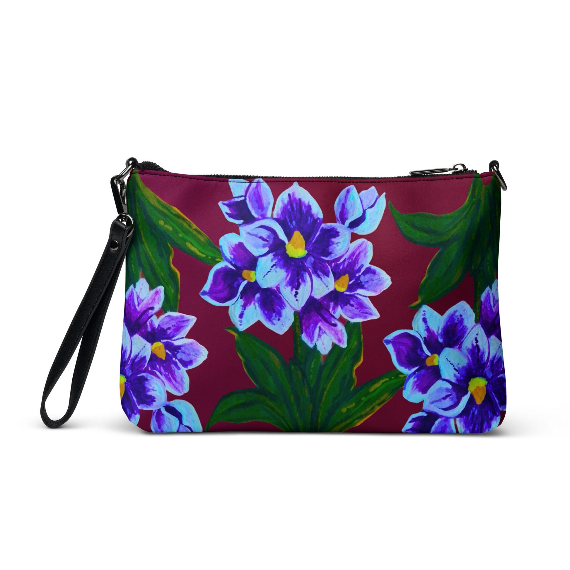 Blue Floral Crossbody Bag with Pockets, Nature Inspired Ziptop Sling Bag, Small Clutch Purse