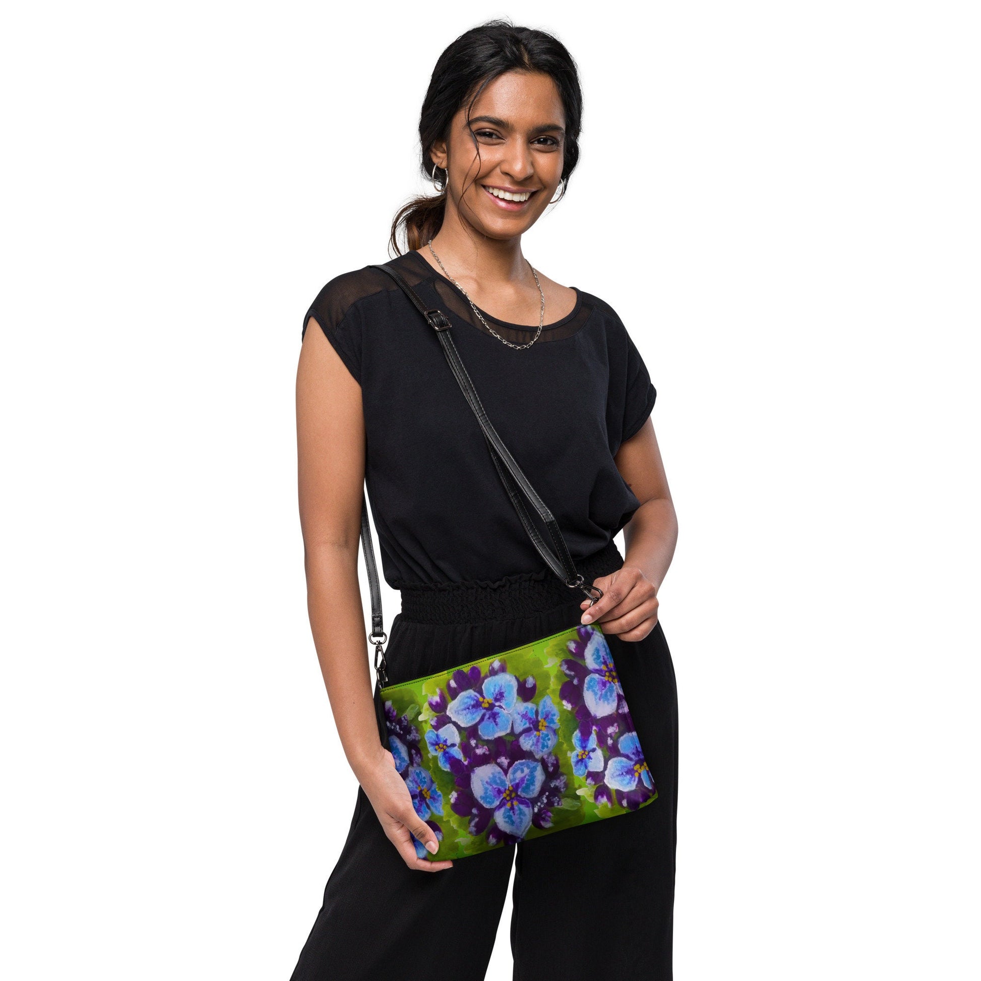 Nature Inspired Floral Evening Bag, Trendy Ziptop Closure Crossbody Bag with Pockets, Small Satchel Purse