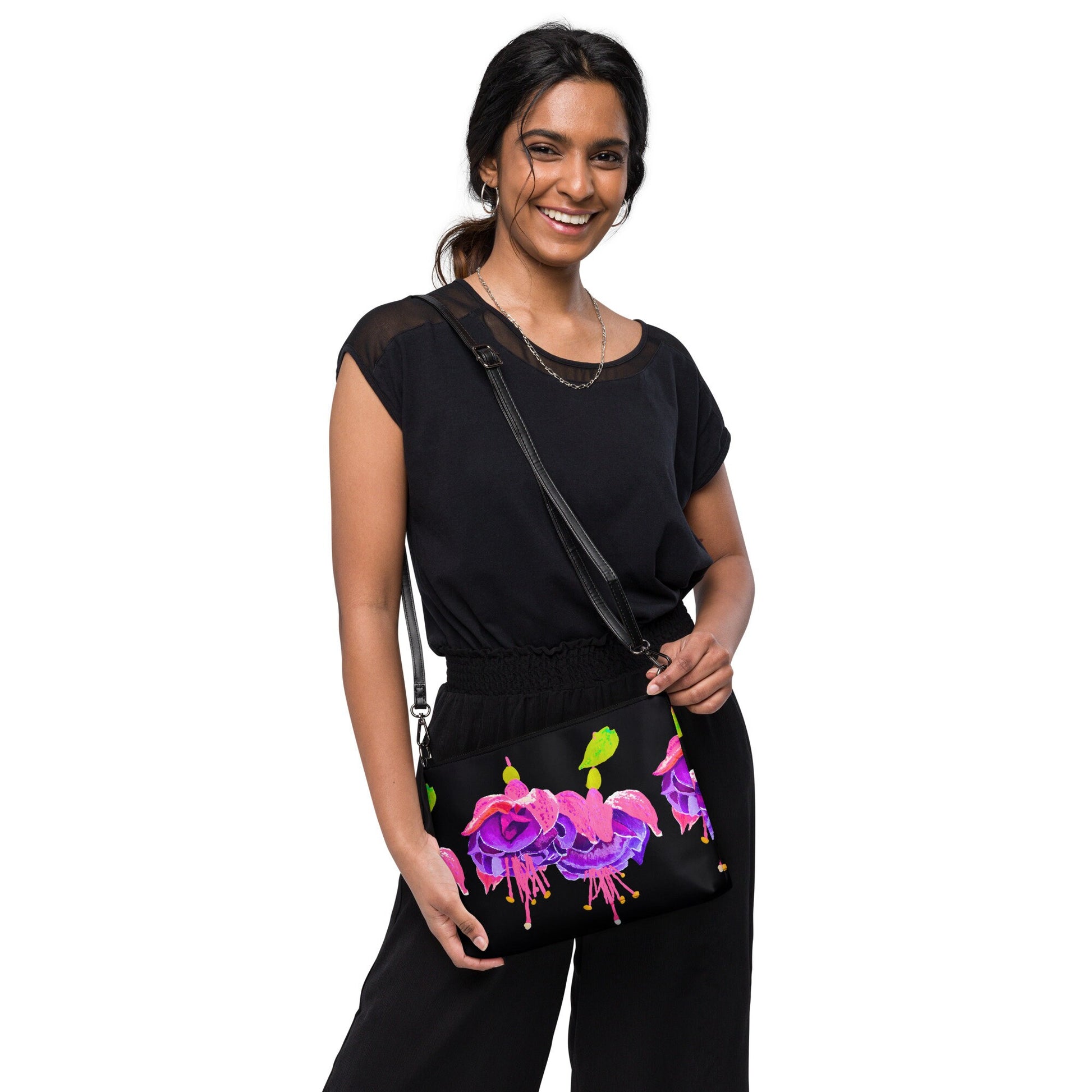 Little Black Floral Evening Bag, Fuscia Crossbody Bag with Pockets, Trendy Ziptop Satchel with Removable Straps