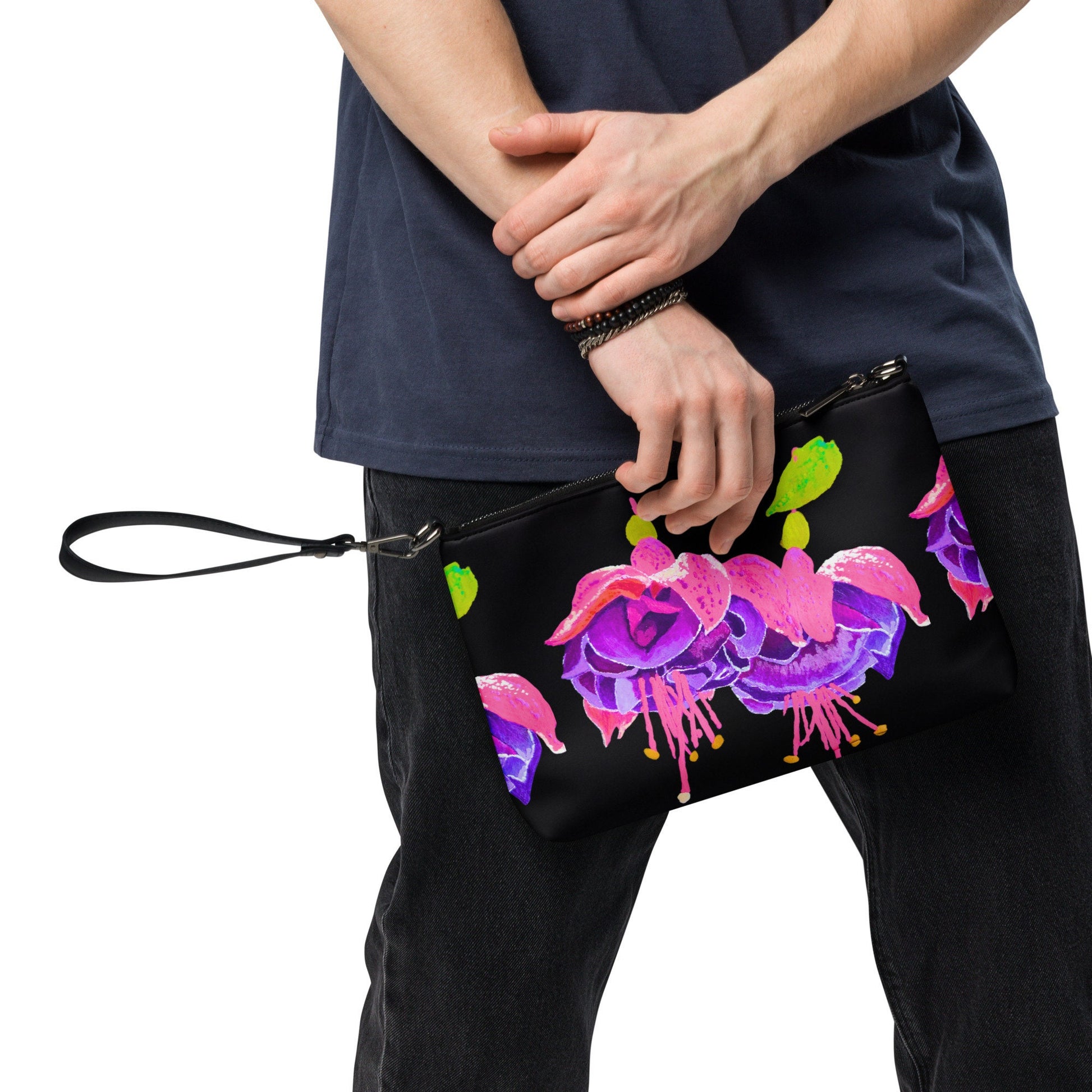 Little Black Floral Evening Bag, Fuscia Crossbody Bag with Pockets, Trendy Ziptop Satchel with Removable Straps