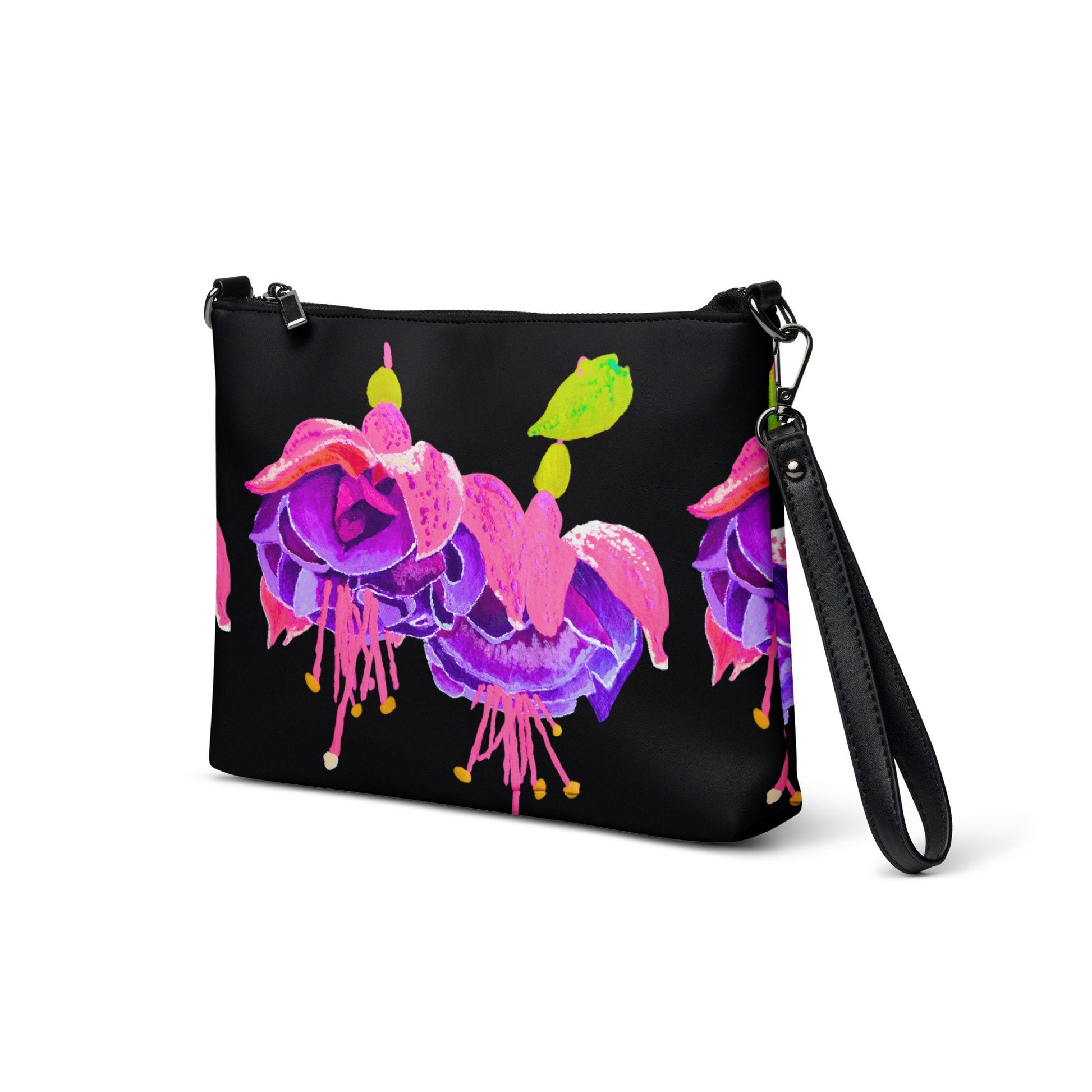 Little Black Floral Evening Bag, Fuscia Crossbody Bag with Pockets, Trendy Ziptop Satchel with Removable Straps