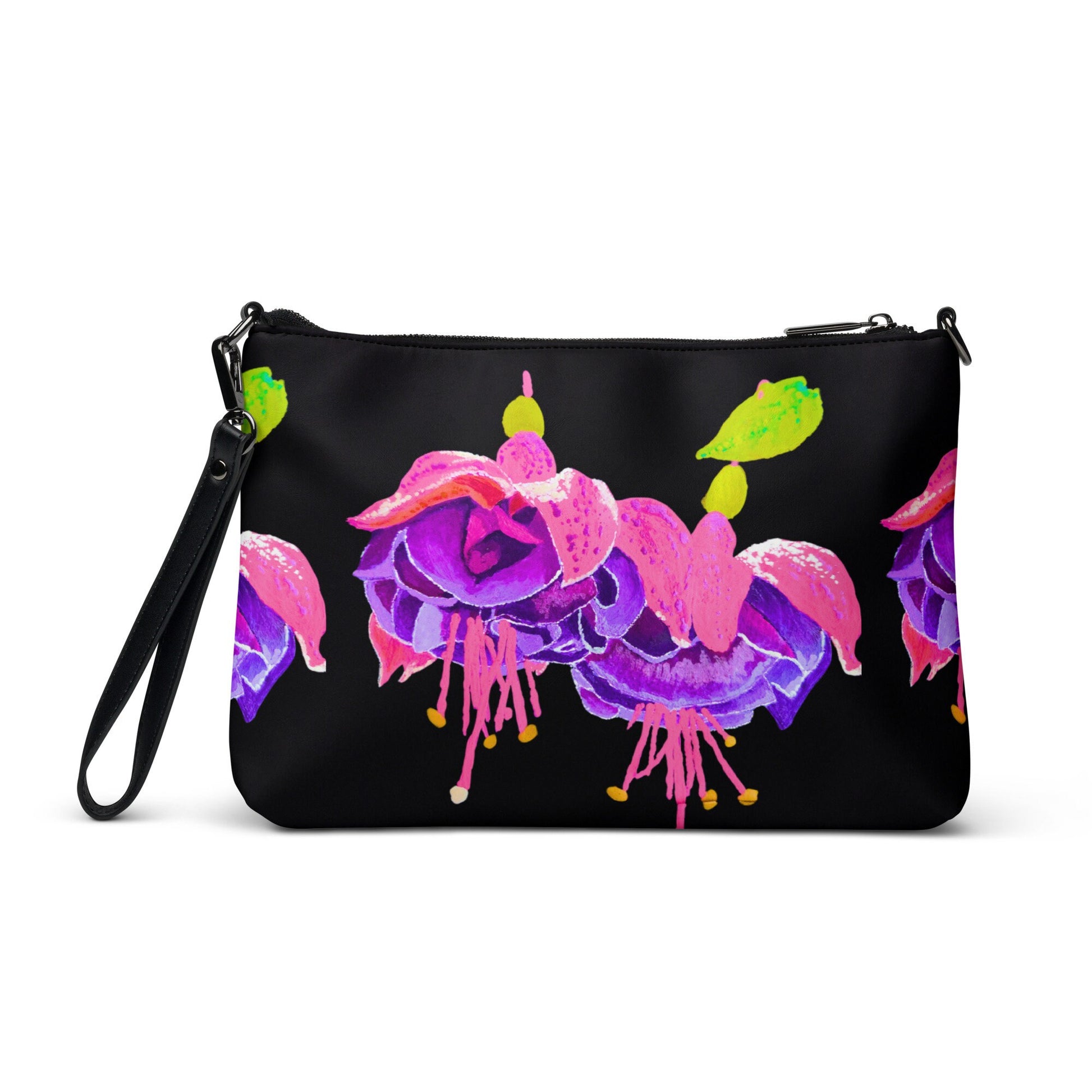Little Black Floral Evening Bag, Fuscia Crossbody Bag with Pockets, Trendy Ziptop Satchel with Removable Straps