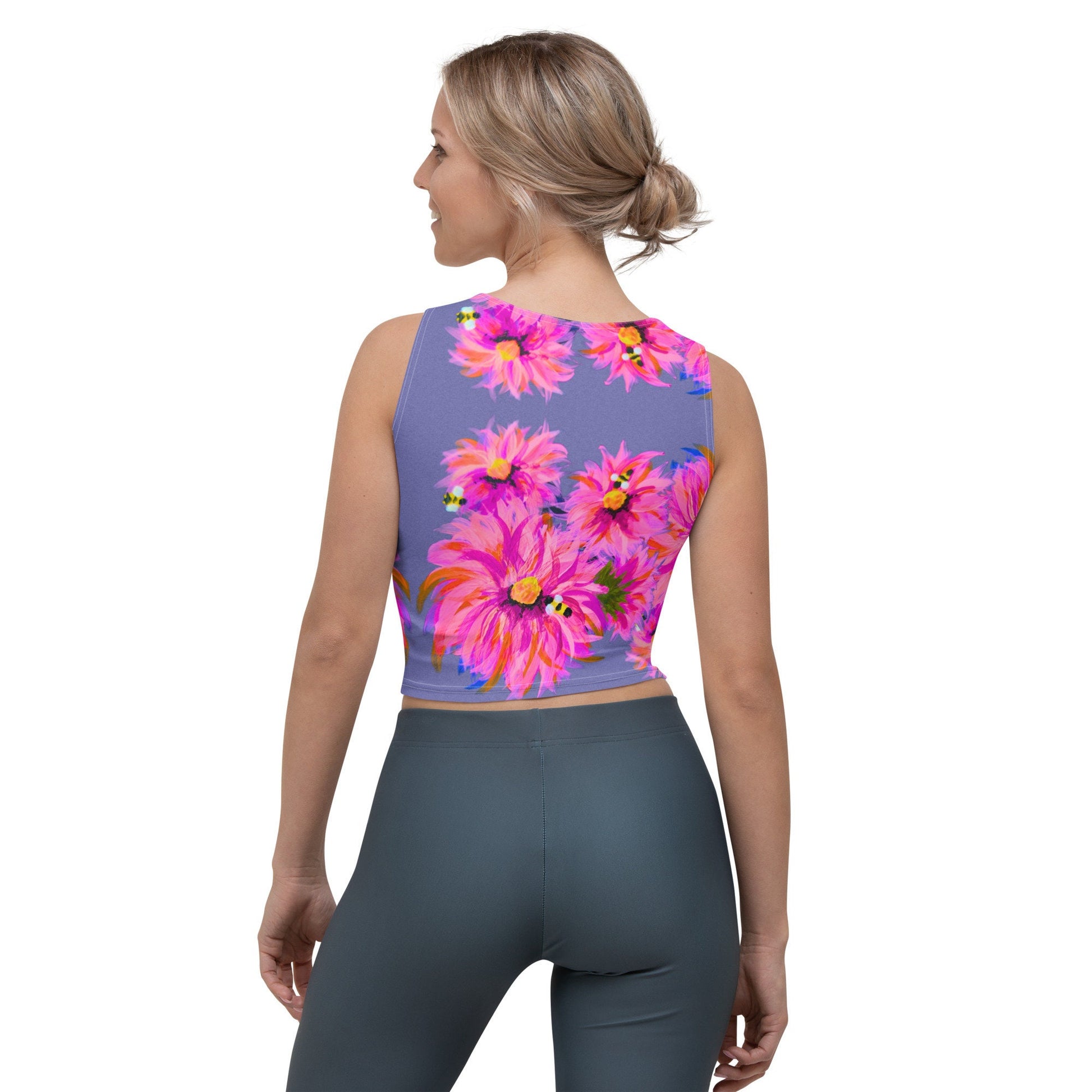 Ladies Fluffy Pink Yoga Crop Top, Floral Activewear, Perfect for Running, Crossfit, Weightlifting or Every Day Lounge Wear