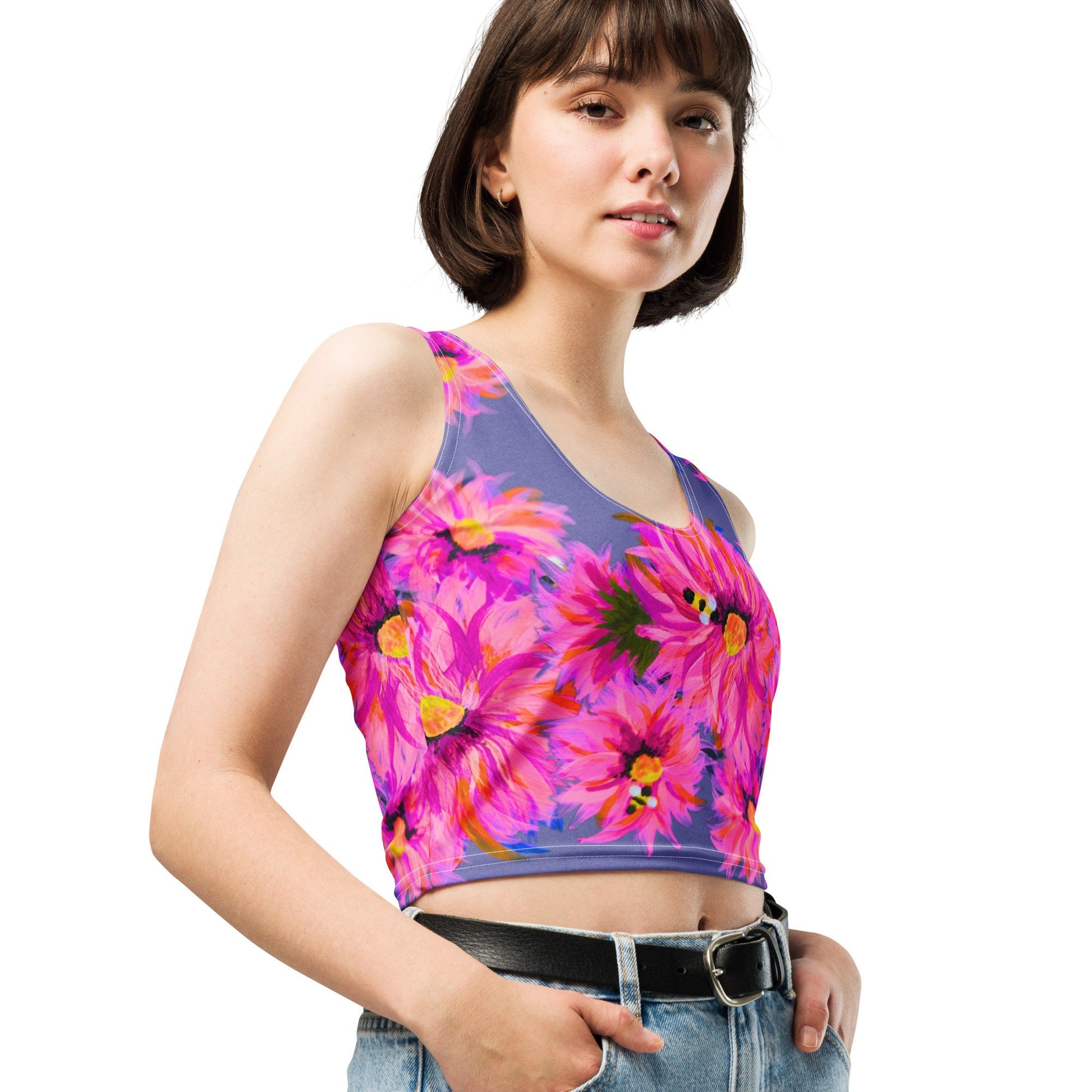 Ladies Fluffy Pink Yoga Crop Top, Floral Activewear, Perfect for Running, Crossfit, Weightlifting or Every Day Lounge Wear