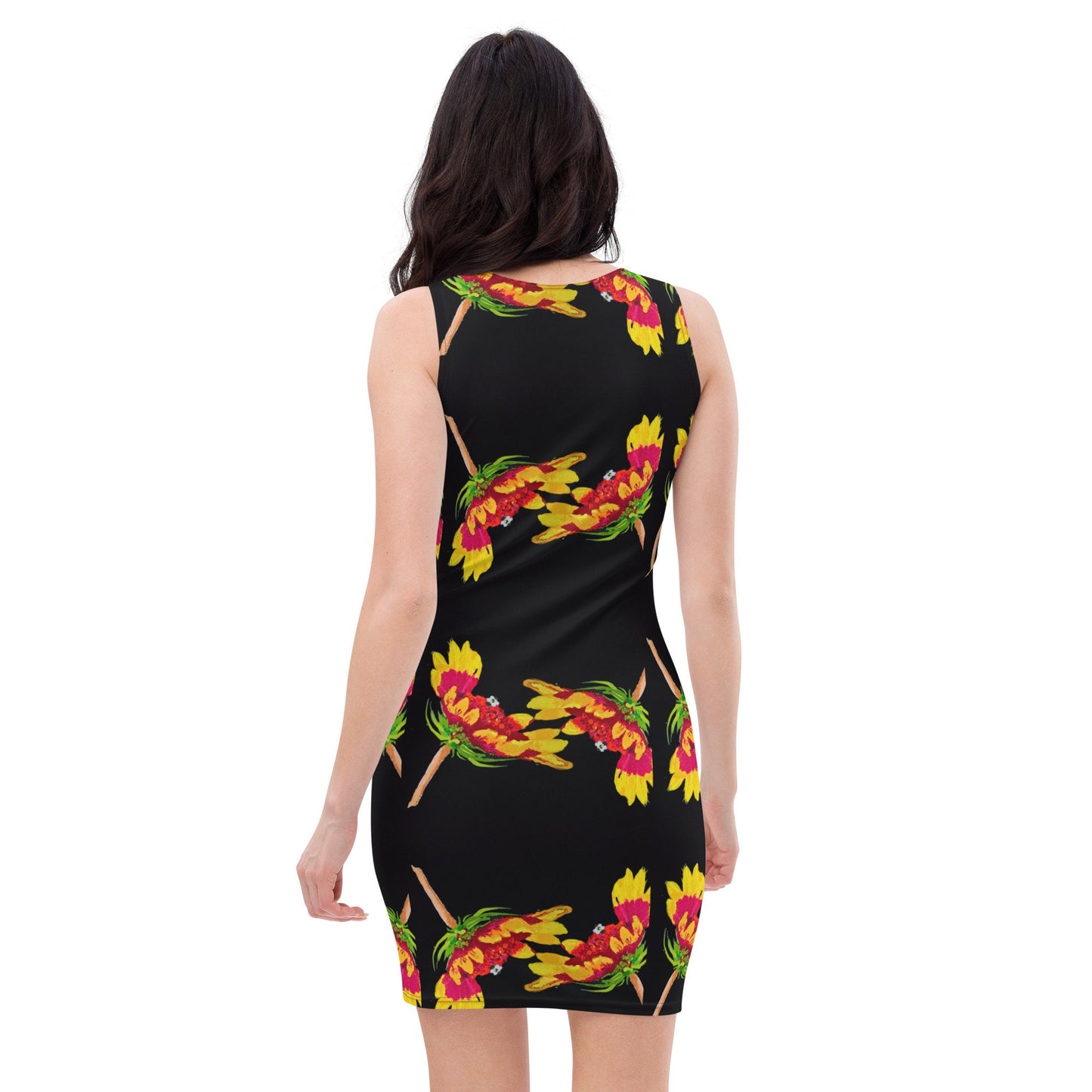 Botanical Black Bodycon Dress, Nature Inspired Club Outfit, Sleeveless Spring Apparel