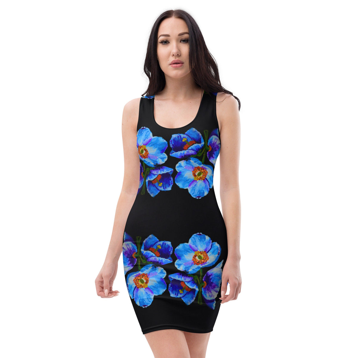 Floral Blue Poppy Bodycon Dress, Sleeveless Wrap Club Outfit, Colorful Spring Apparel