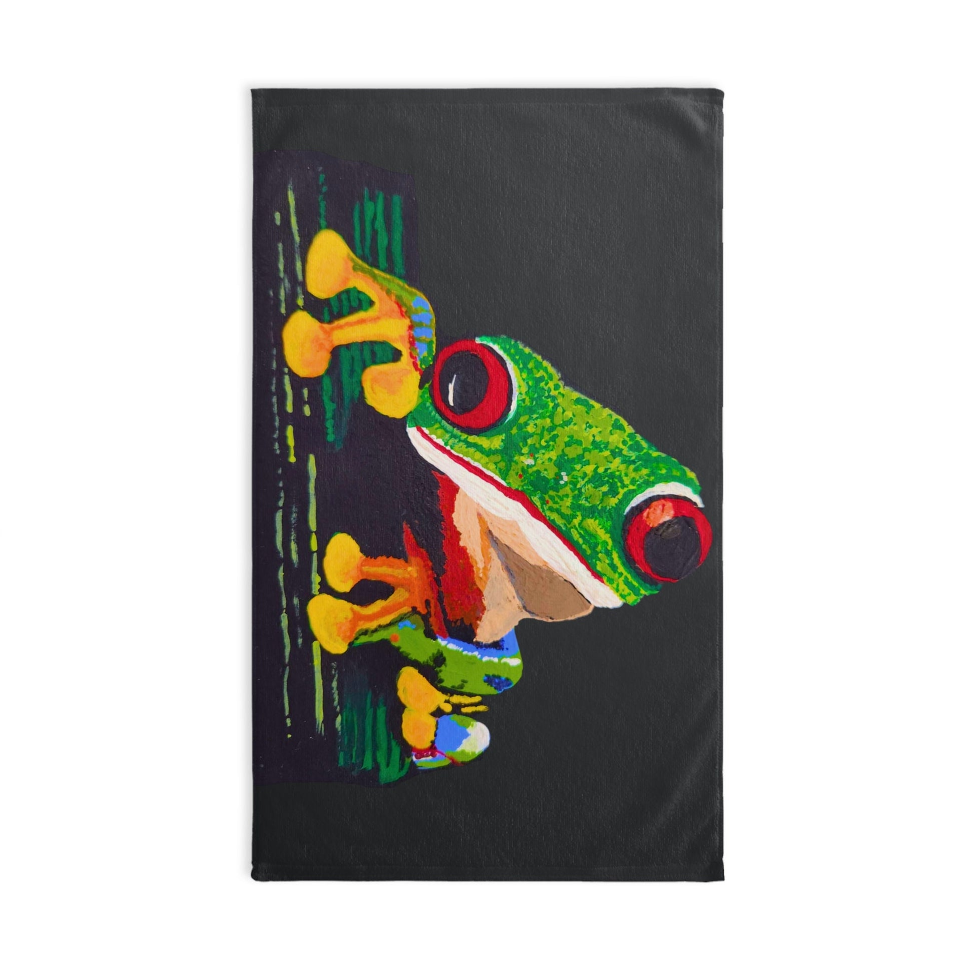 Tree Frog Hand Towel, Nature Inspired Modern Art Hand Towel, Colorful Black Green Bathroom Decor
