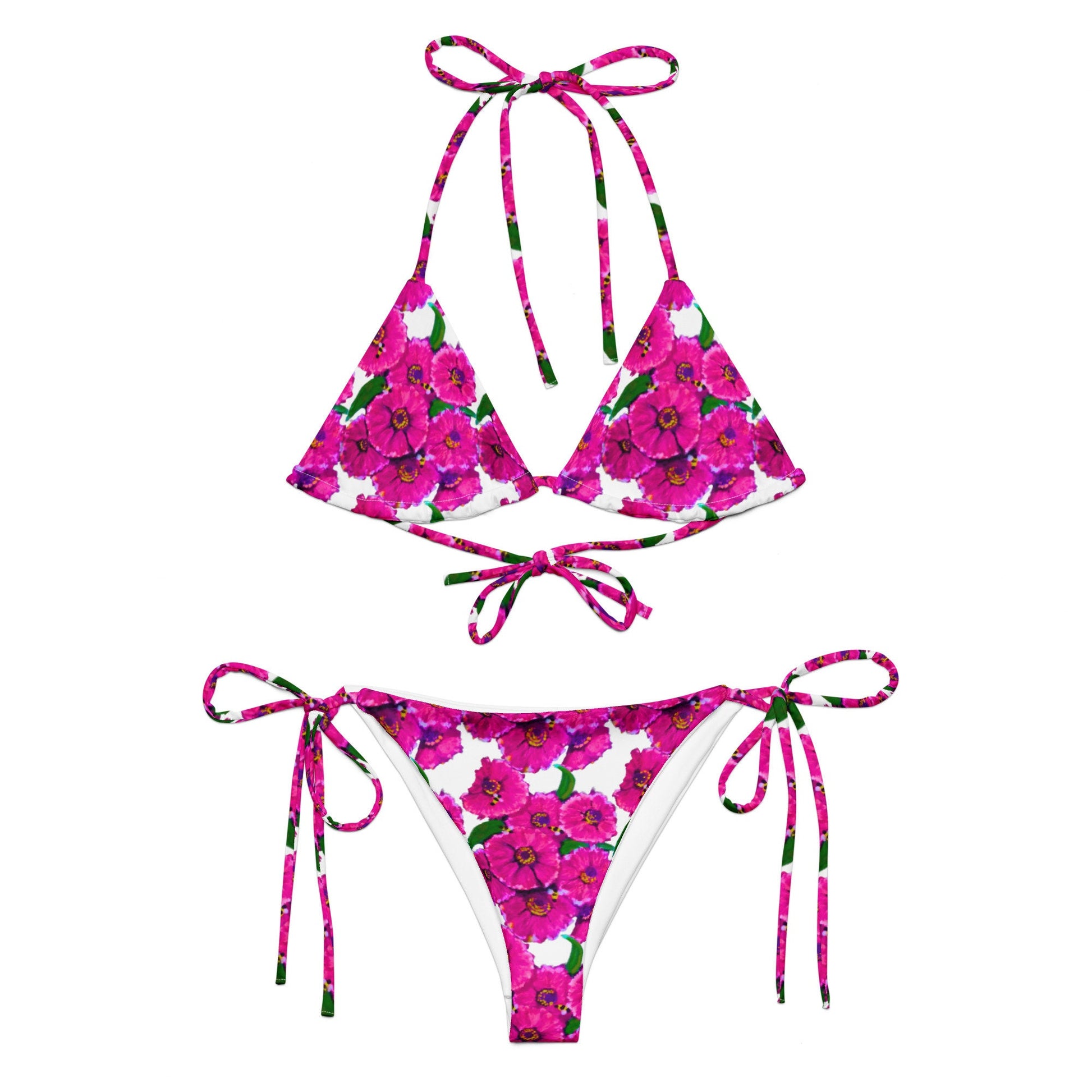 Pink Floral String Bikini, Colorful Trendy Bathing Suit, Botanical Plus Size Beach Swim Wear