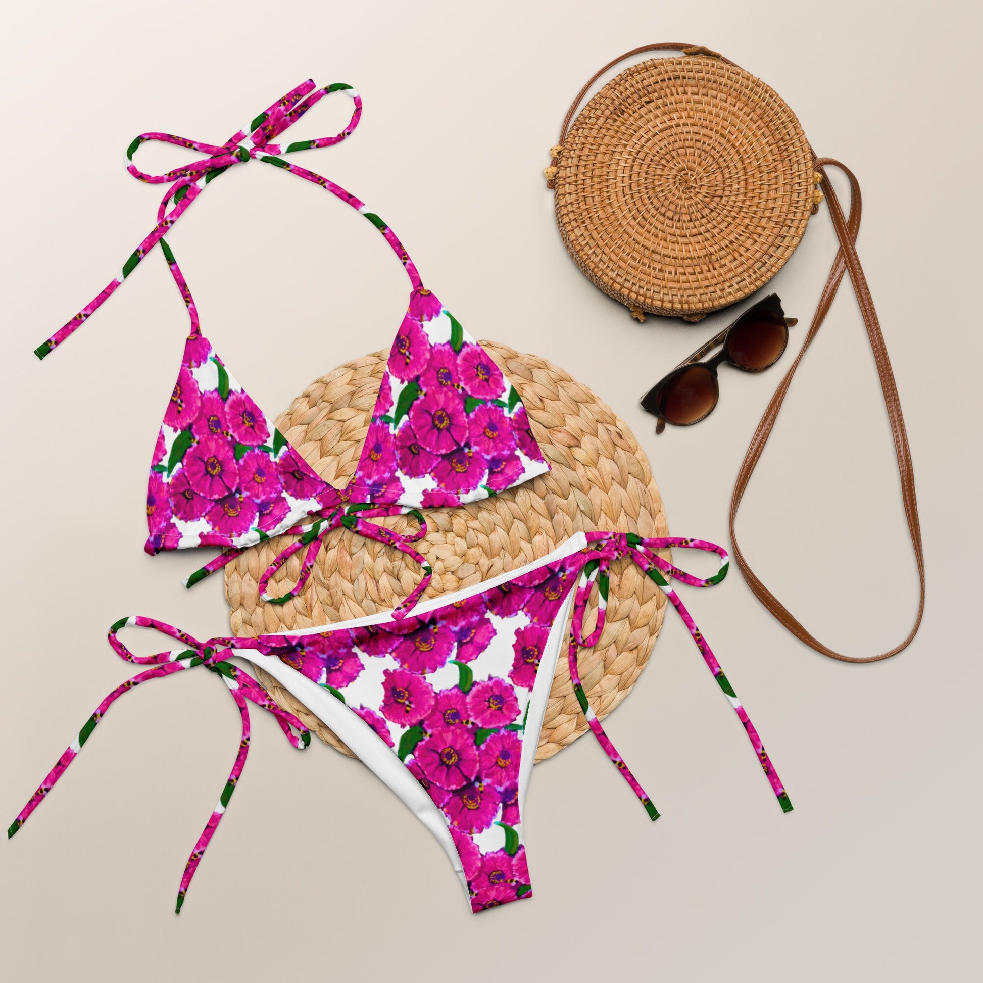 Pink Floral String Bikini, Colorful Trendy Bathing Suit, Botanical Plus Size Beach Swim Wear