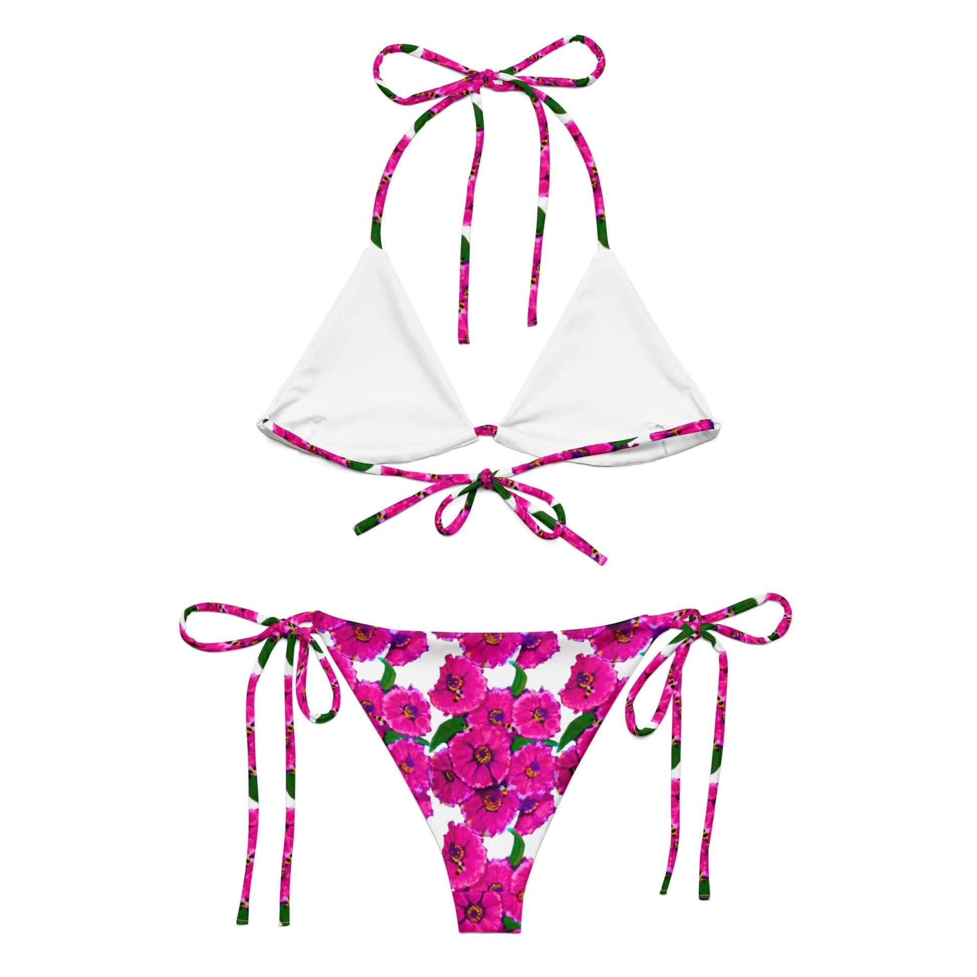 Pink Floral String Bikini, Colorful Trendy Bathing Suit, Botanical Plus Size Beach Swim Wear