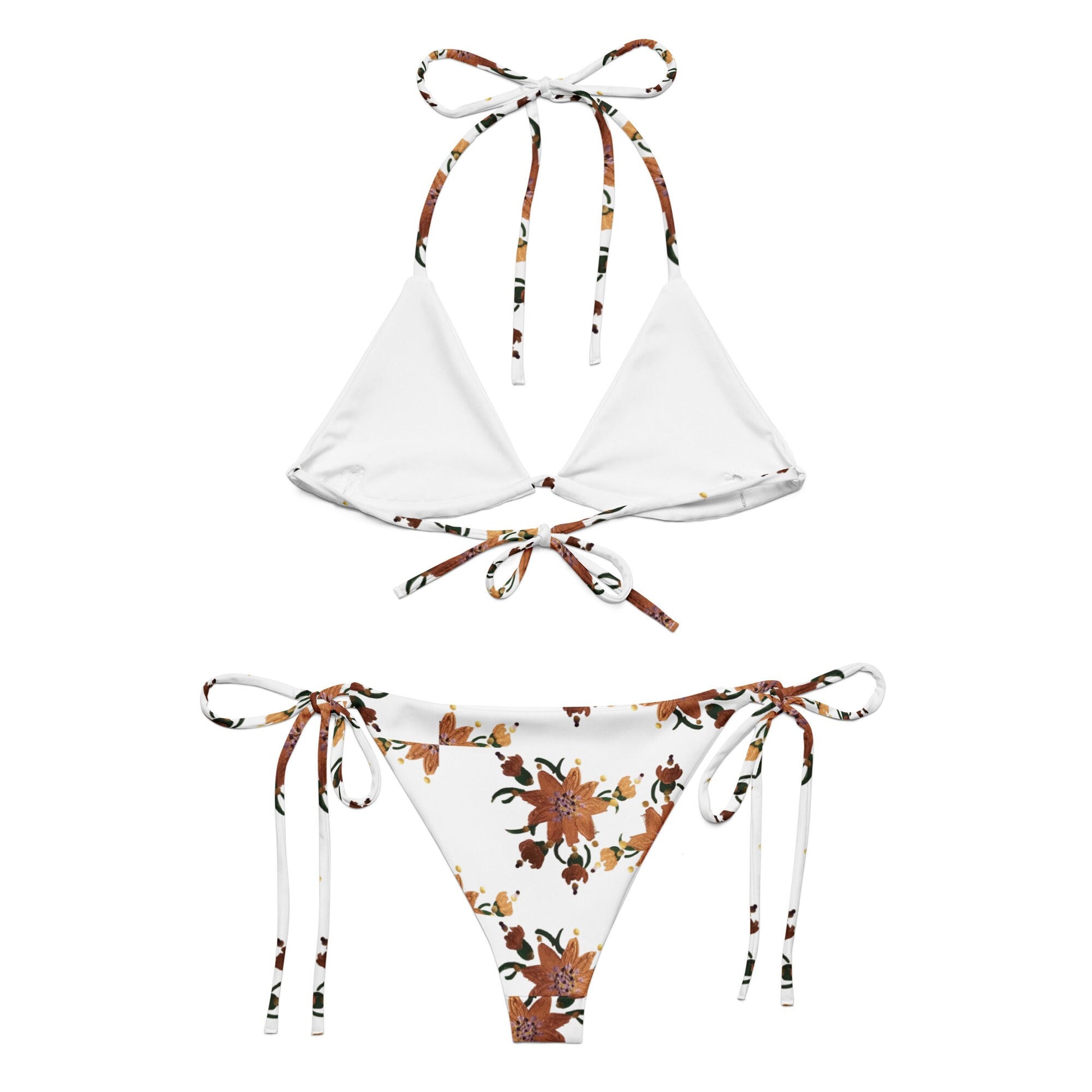 Gold Floral String Bikini, Ladies Retro Swimwear, Plus Size Beach Swimsuit