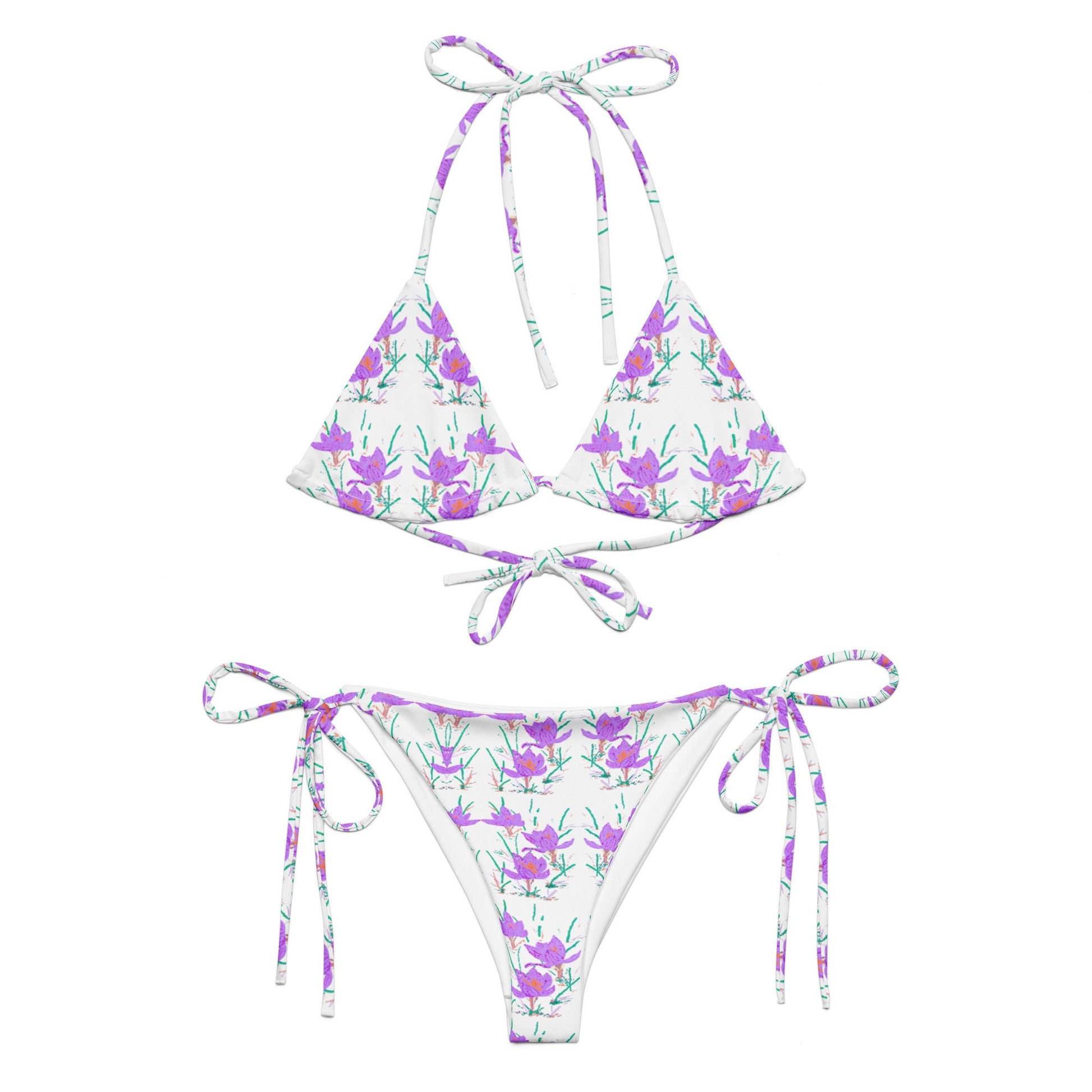 Crocus Flower Botanical String Bikini, Vintage Beach Bathing Suit, Plus Size Ladies Swimwear