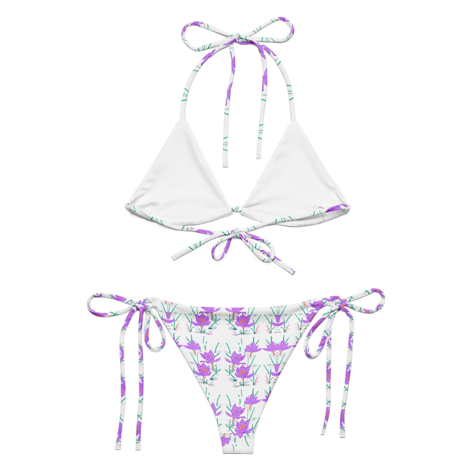 Crocus Flower Botanical String Bikini, Vintage Beach Bathing Suit, Plus Size Ladies Swimwear