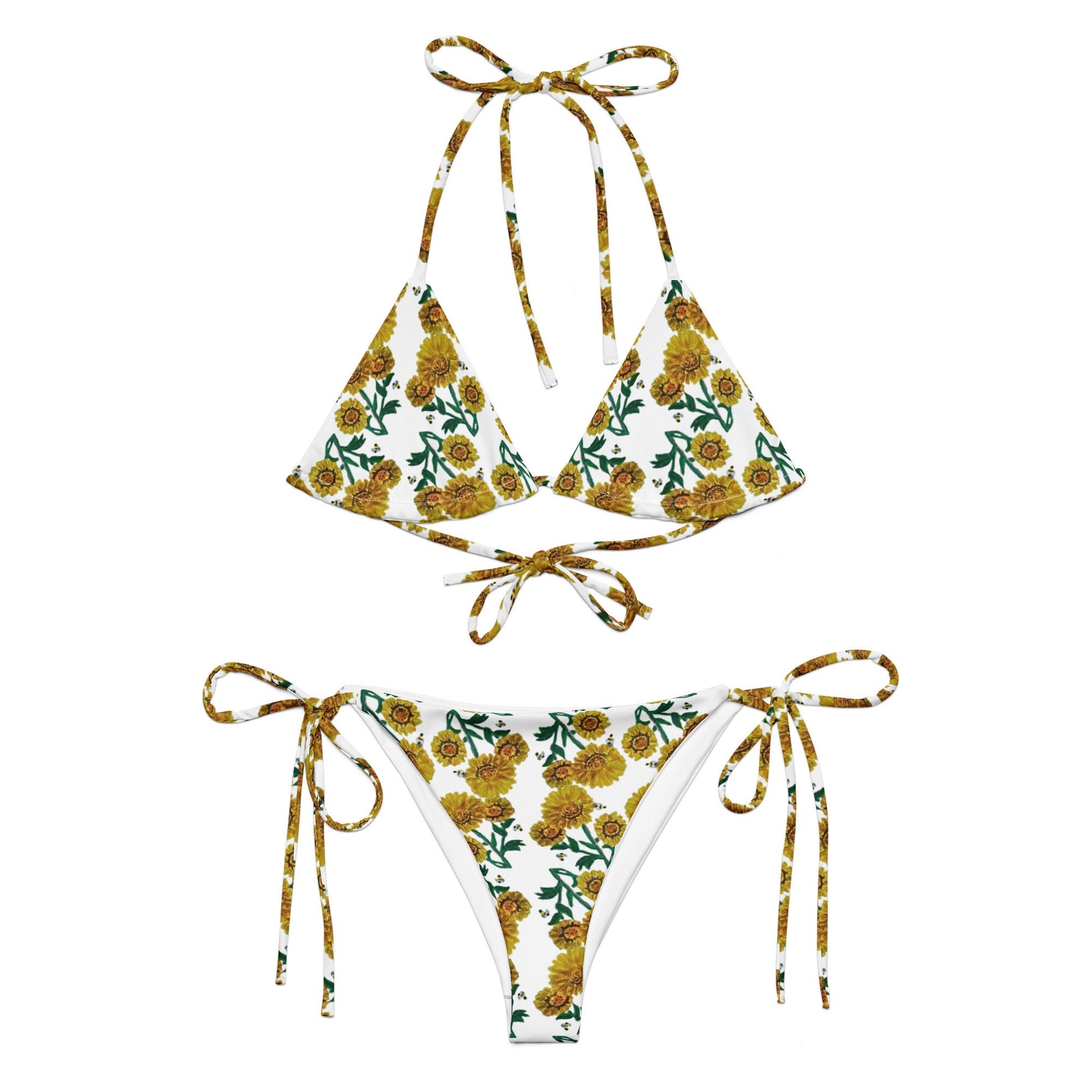 Yellow Sunflower Pattern Recycled String Bikini, Ladies Botanical Beach Swim Wear, Plus Size Floral Bathing Suit