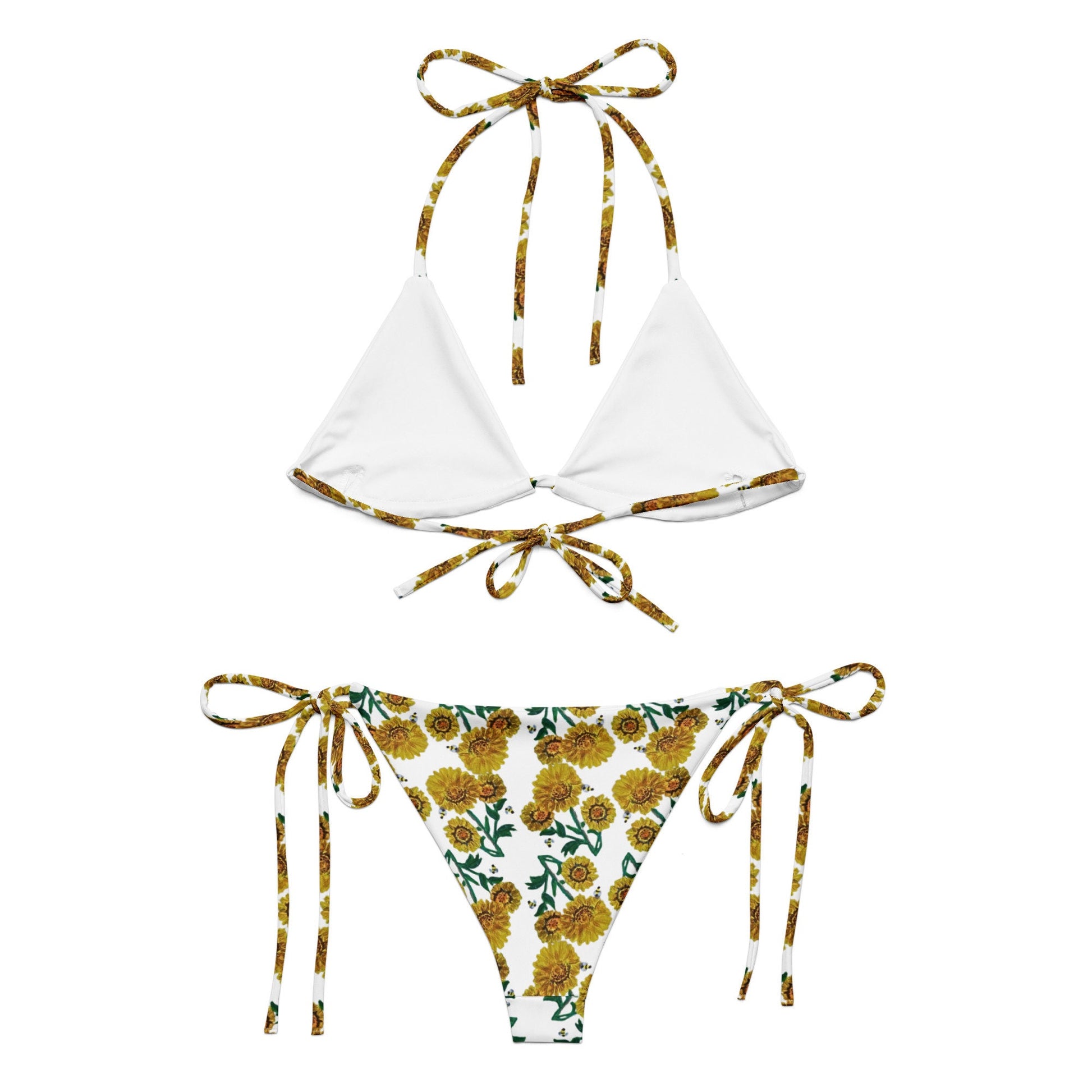 Yellow Sunflower Pattern Recycled String Bikini, Ladies Botanical Beach Swim Wear, Plus Size Floral Bathing Suit