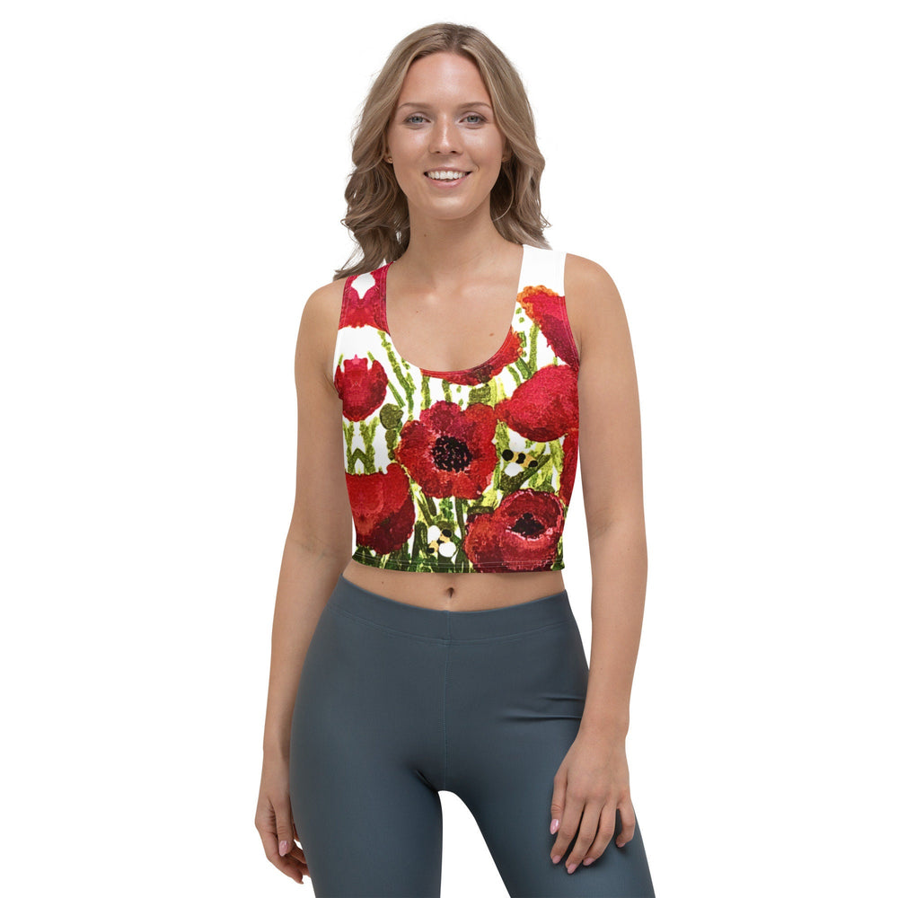 Red Poppies Crop Top, Colorful Ladies Workout Clothes, Floral Exercise Crop Top, Botanical Lounge Wear
