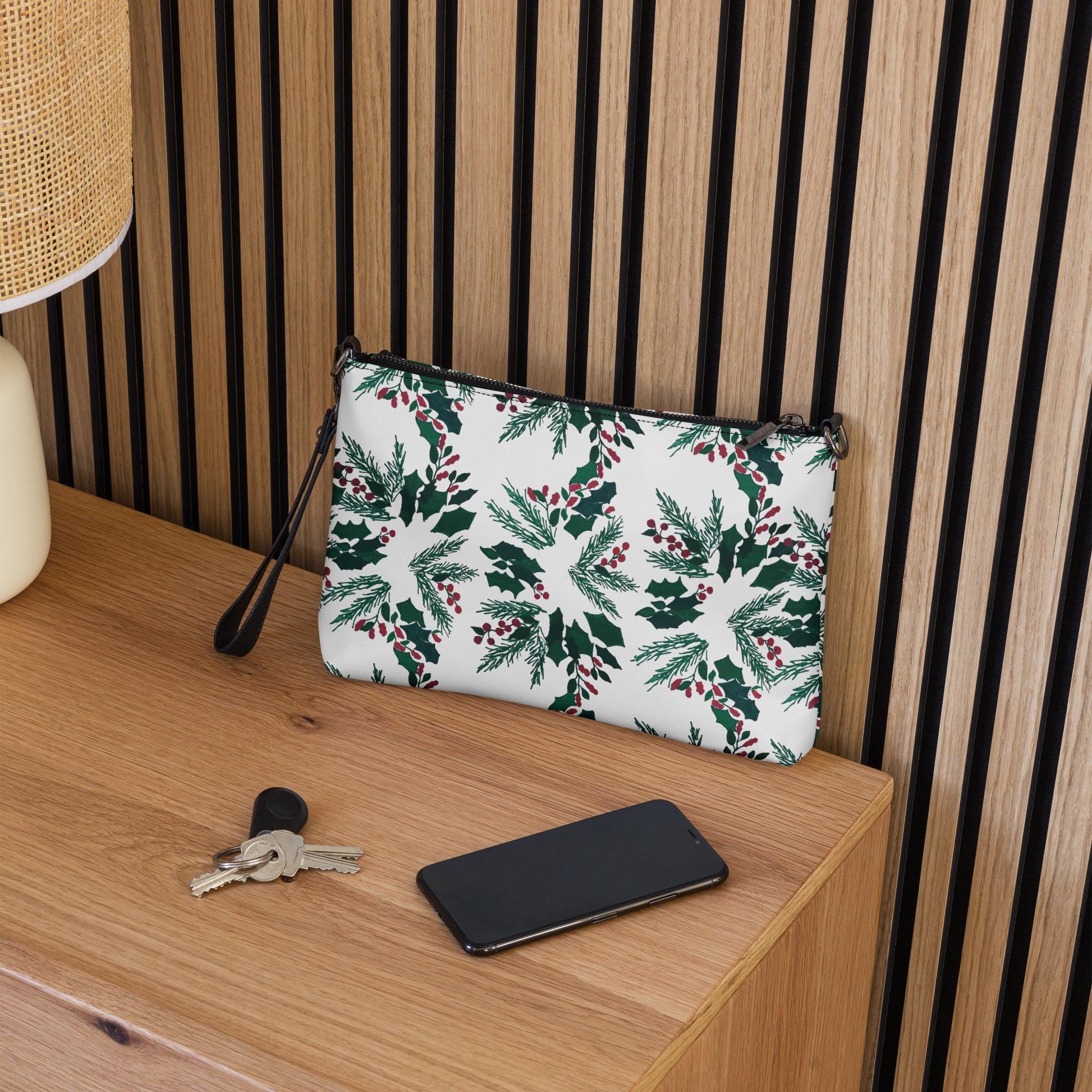 Holiday Floral Purse, Small Trendy Crossbody Bag, Nature Inspired Sling Handbag, Ziptop Closure, Makeup Bag