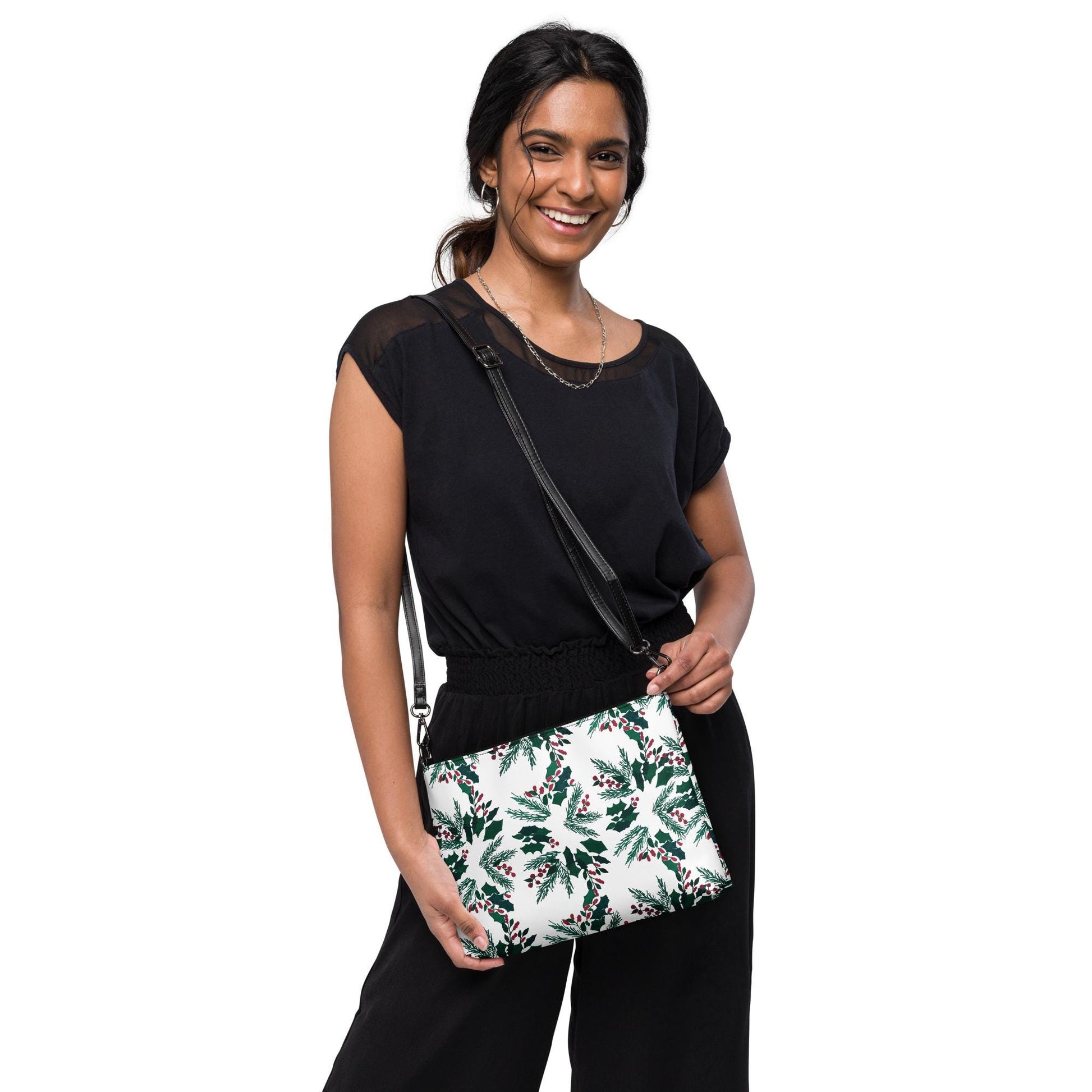 Holiday Floral Purse, Small Trendy Crossbody Bag, Nature Inspired Sling Handbag, Ziptop Closure, Makeup Bag