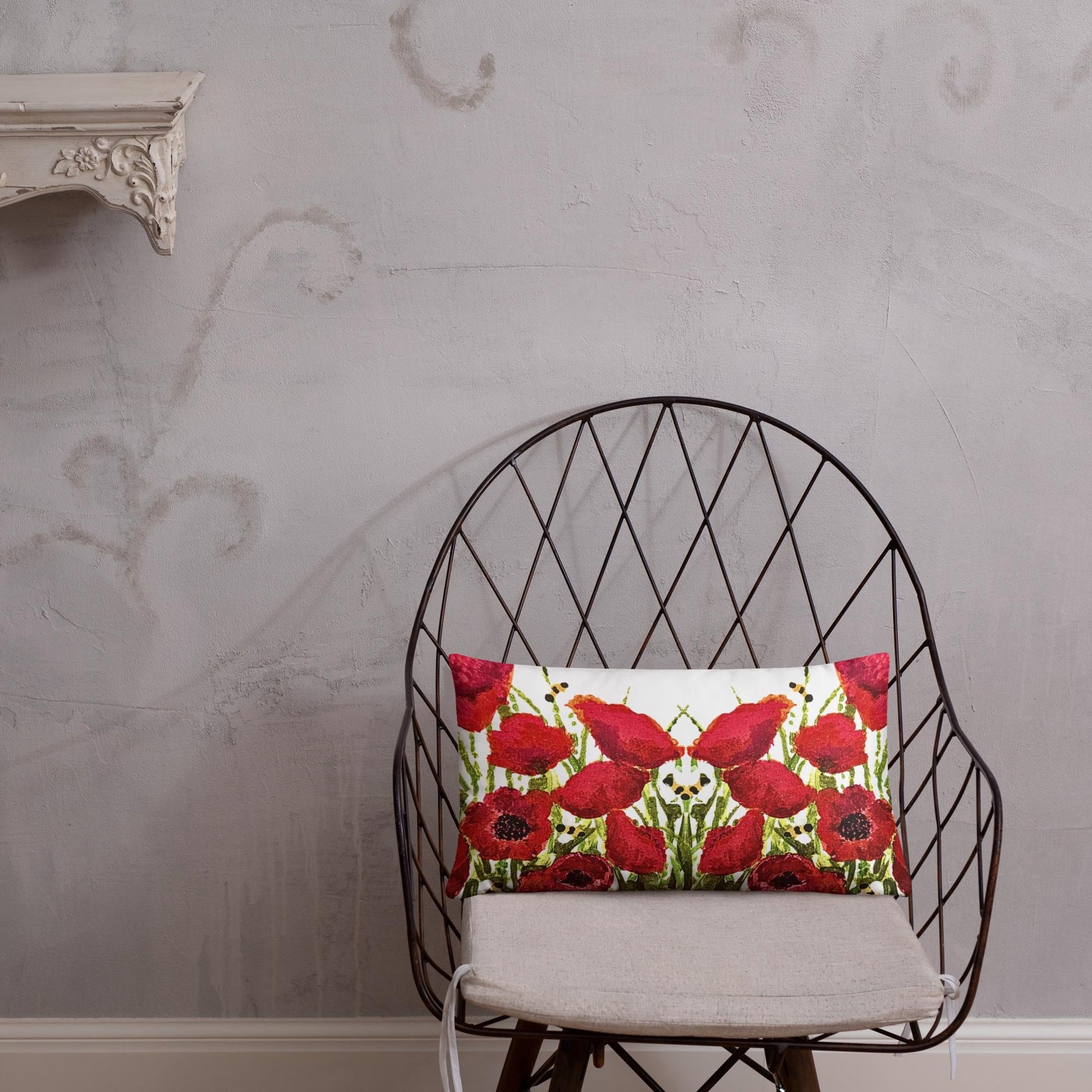 Red Poppies Floral Lumbar Pillow, Colorful Small Spring Pillow, Back Support Botanical Pillow, Throw Pillow