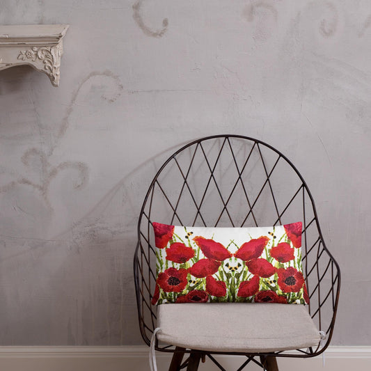 Red Poppies Floral Lumbar Pillow, Colorful Small Spring Pillow, Back Support Botanical Pillow, Throw Pillow